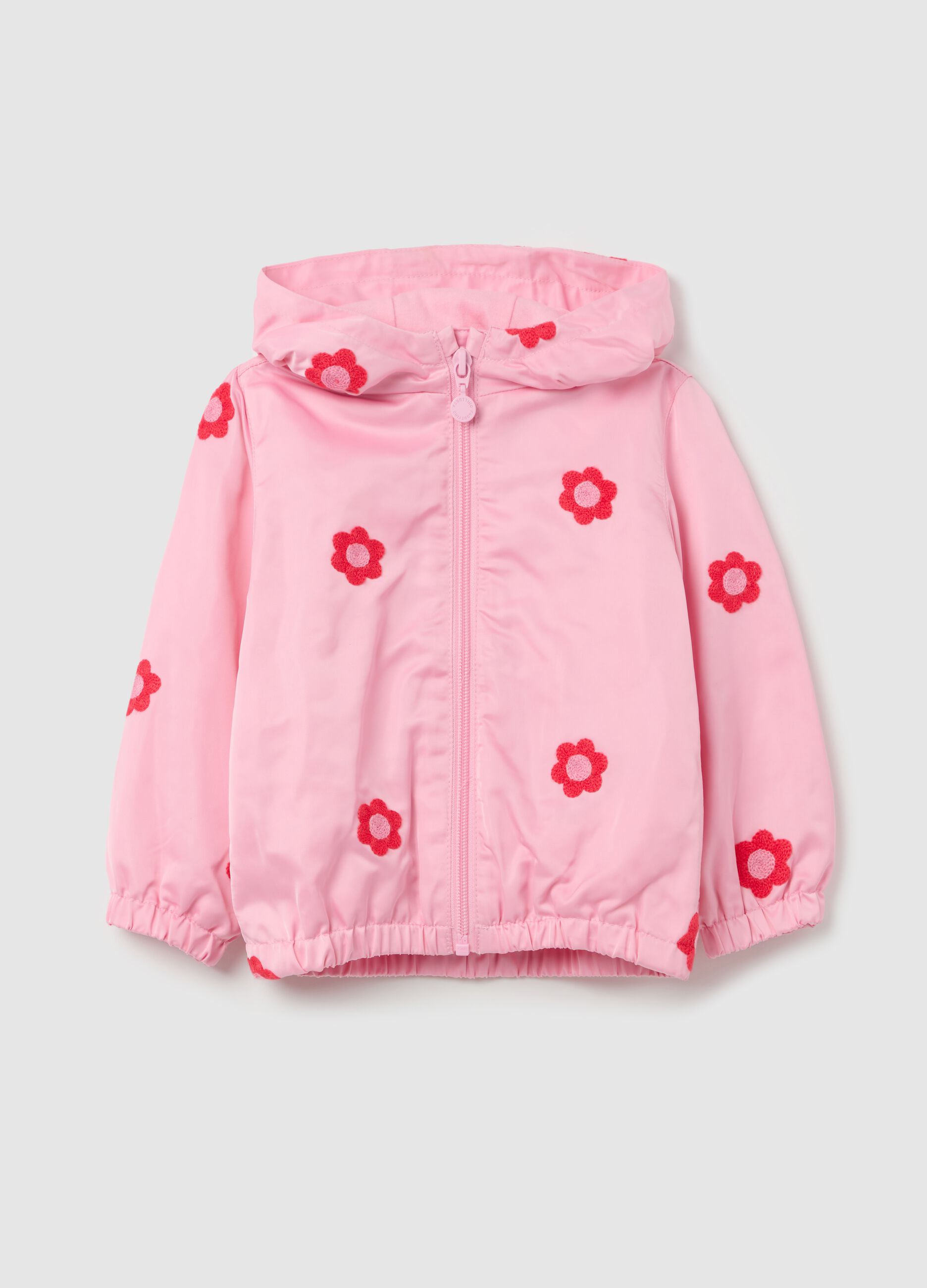 Giacca impermeabile con cappuccio ricamo fiori