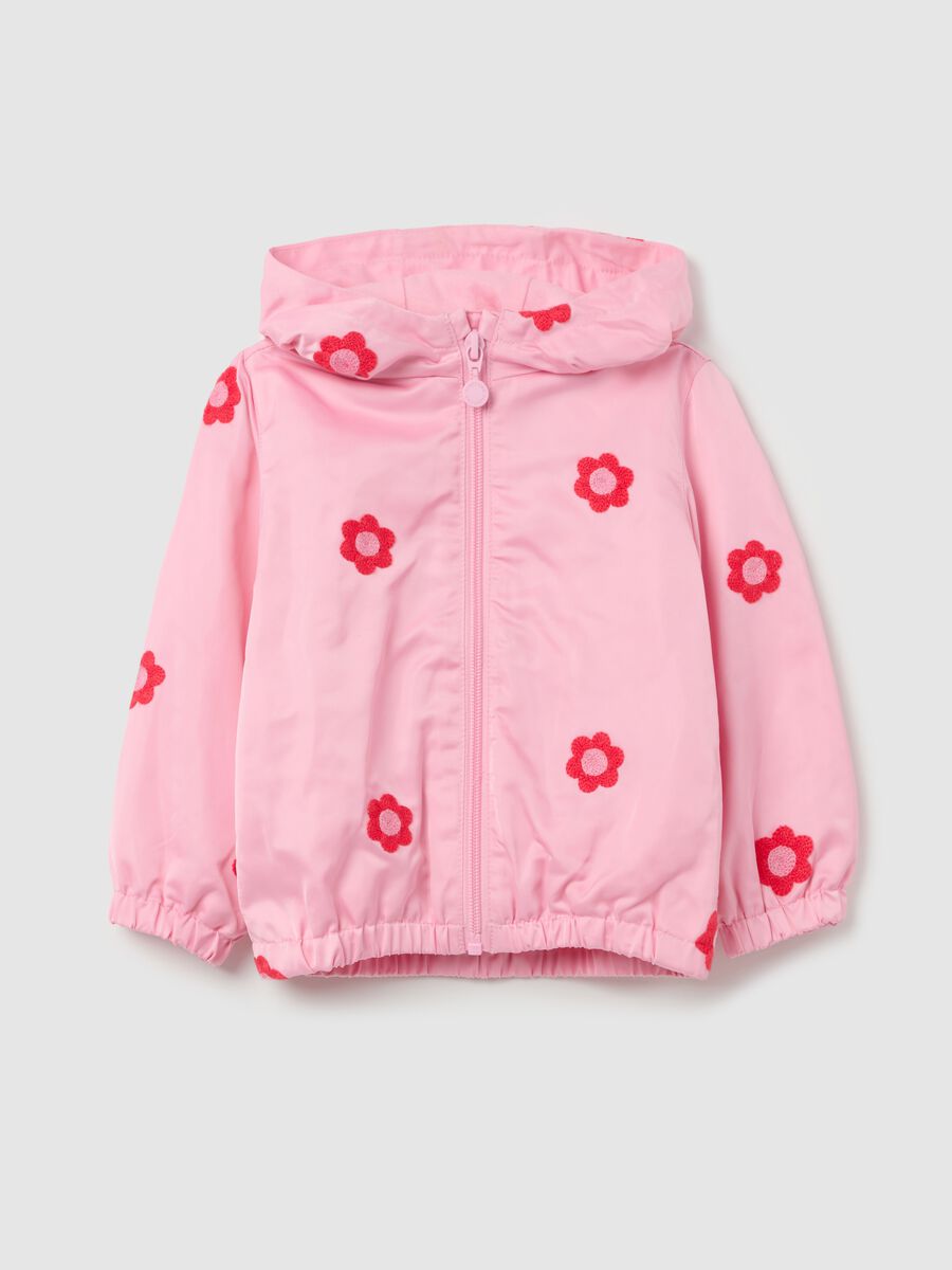 Waterproof jacket with hood and flowers embroidery_0