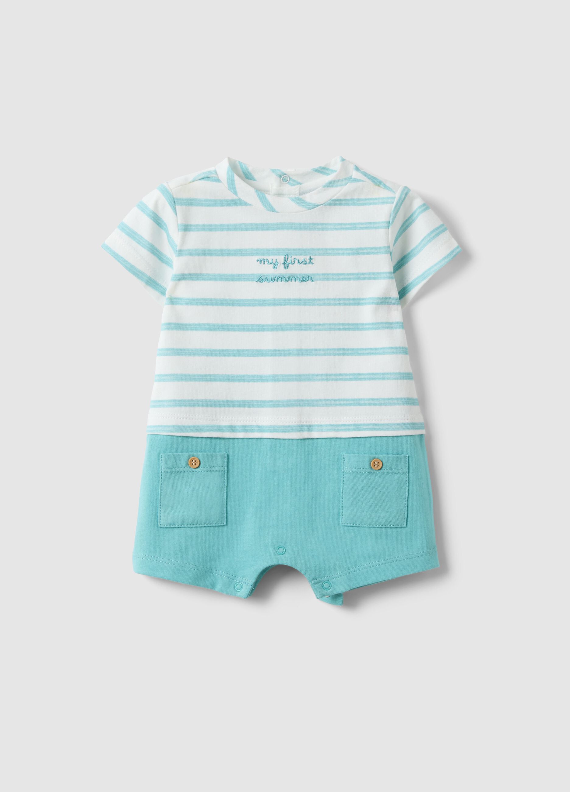 Baby romper in pure cotton with multicolour stripes and pockets