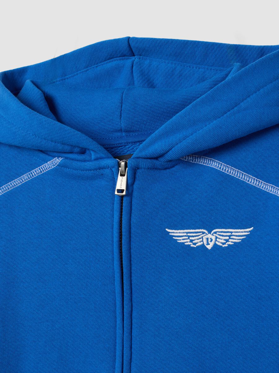 Felpa blu con cappuccio in puro cotone over fit con ricamo sul petto_2