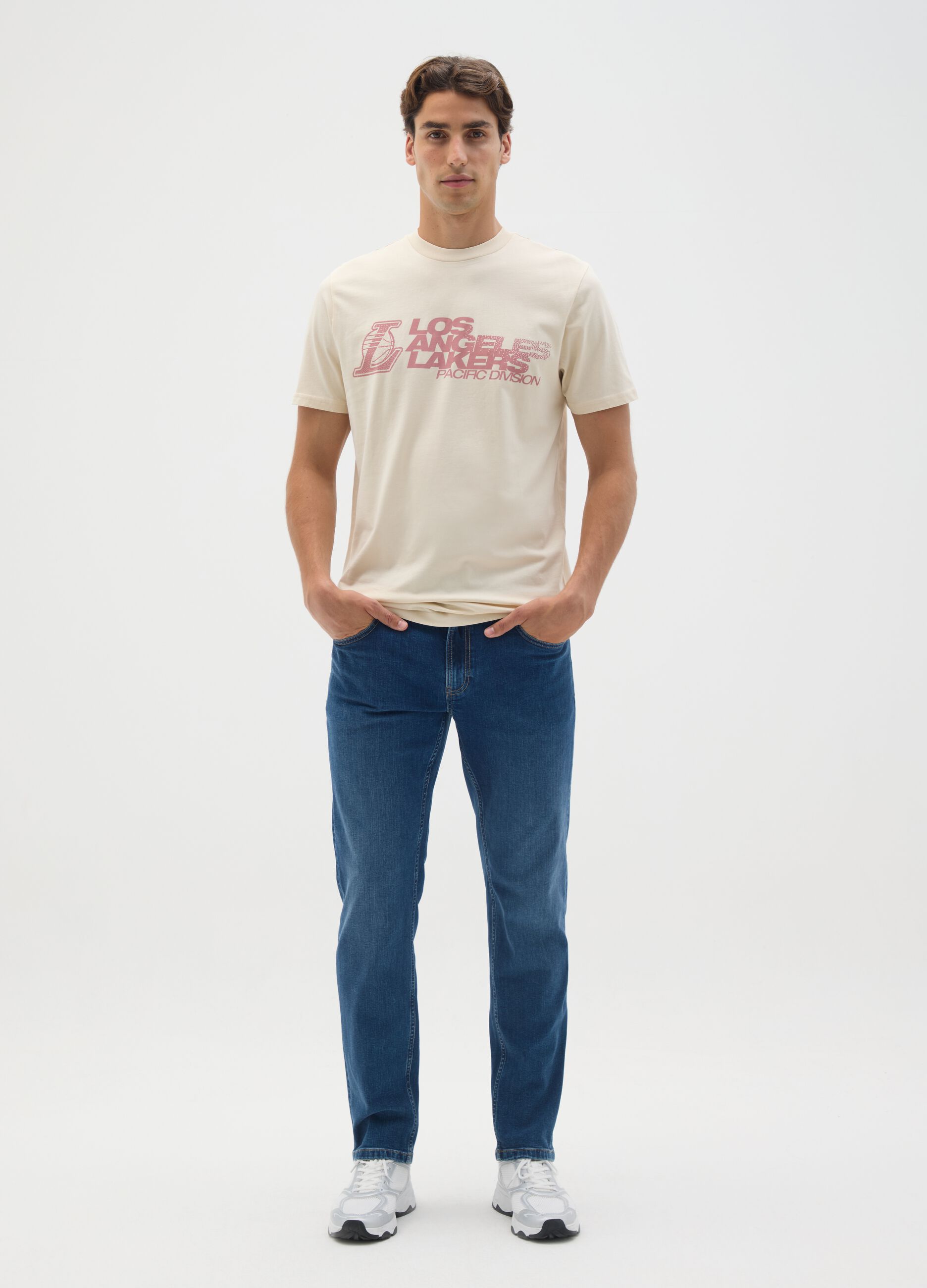 T-shirt in puro cotone beige con stampa Los Angeles Lakers