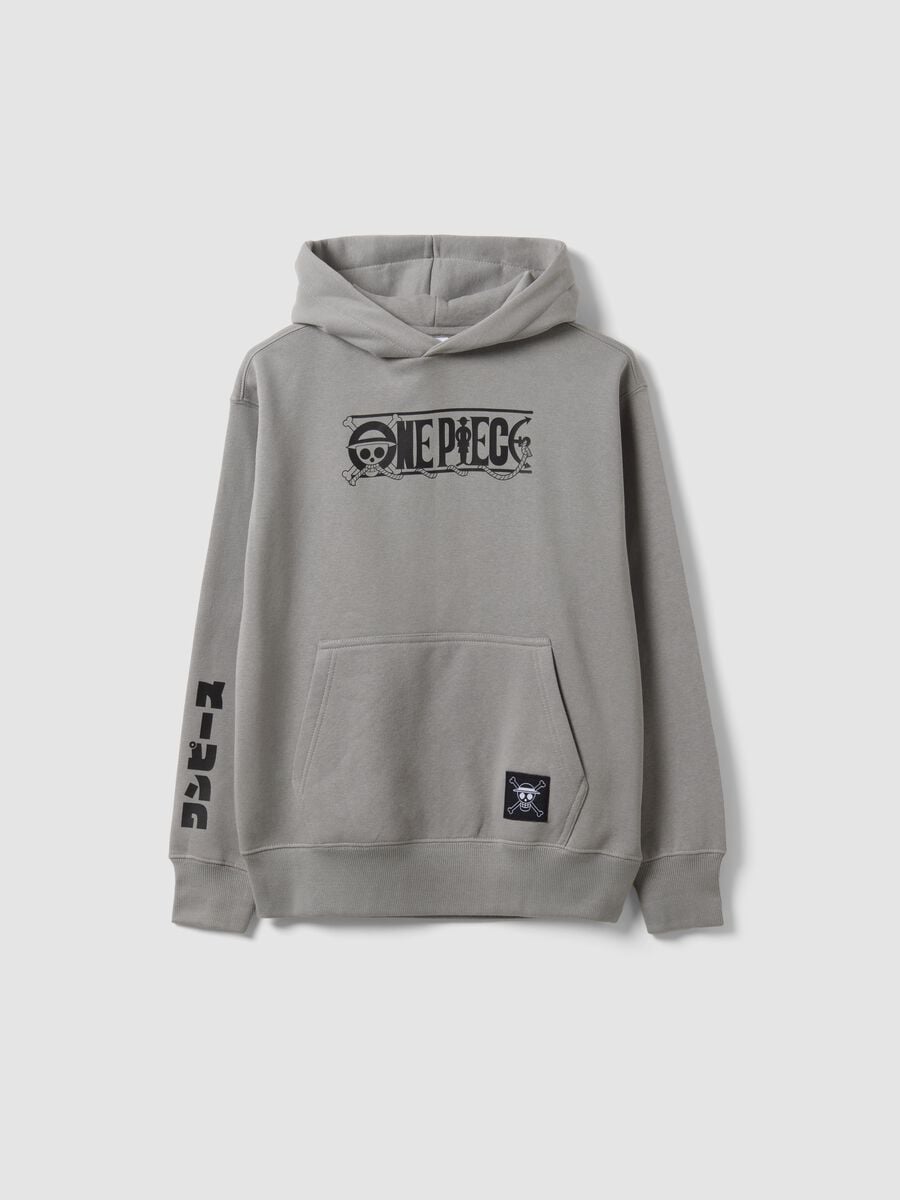 Grey hooded sweatshirt in cotton blend with One Piece print, oversized fit_3