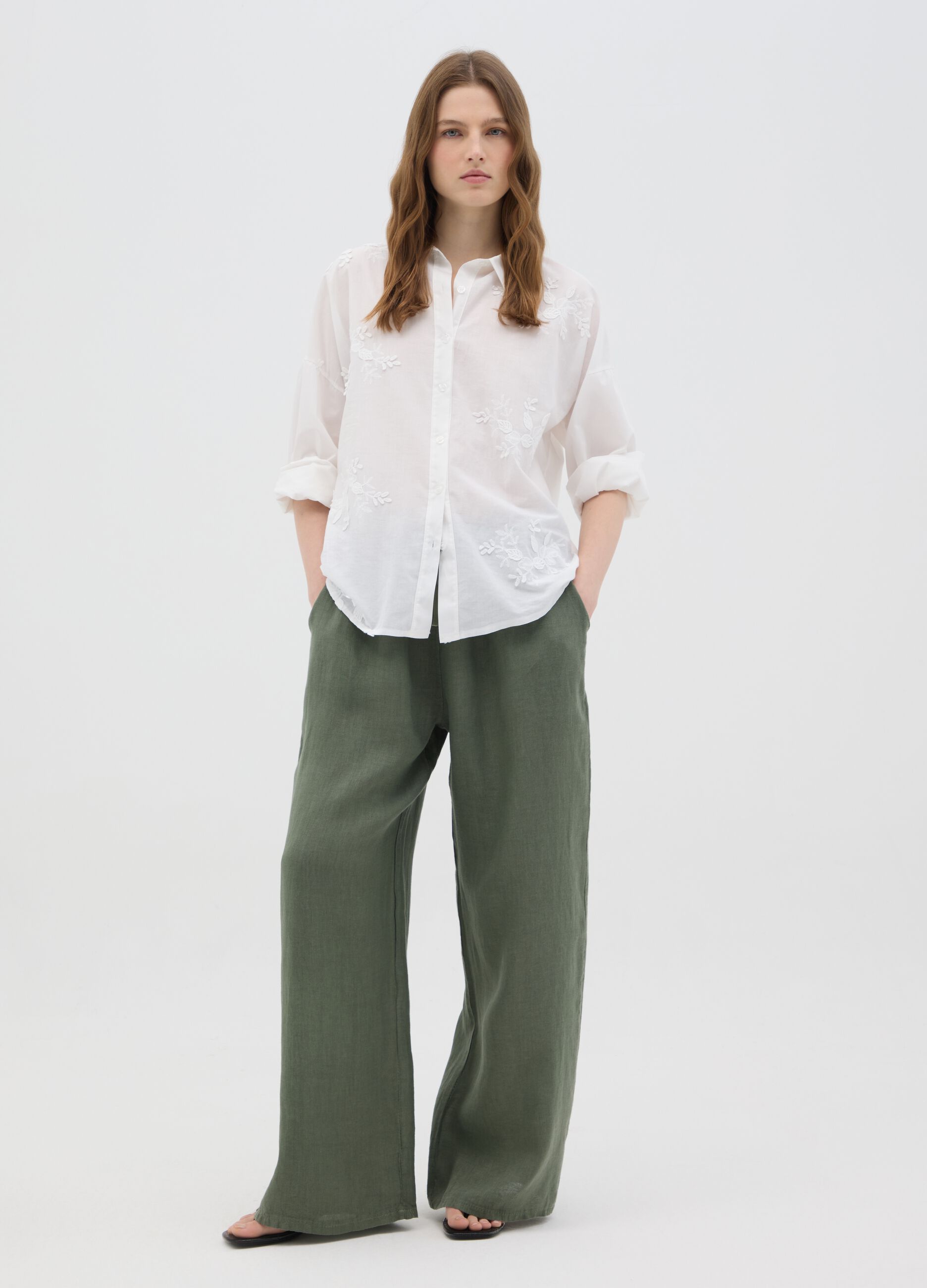 Women's green pure linen trousers regular fit