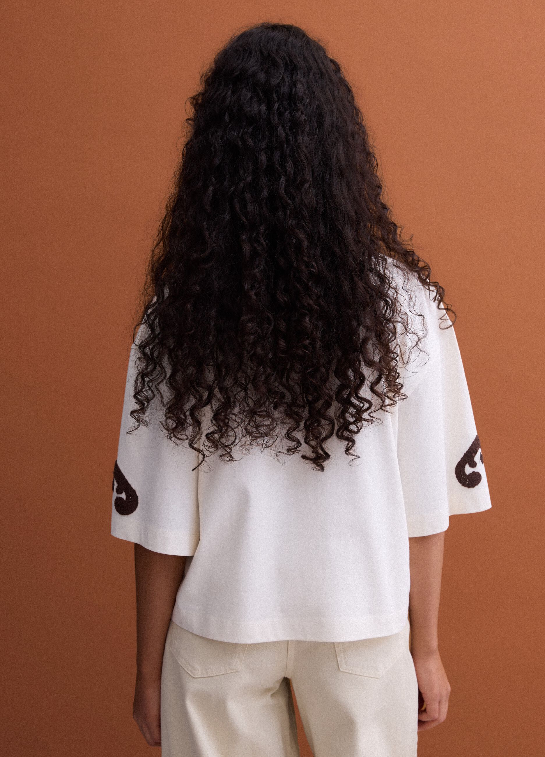 Beige pure cotton T-shirt with embroidery, regular fit