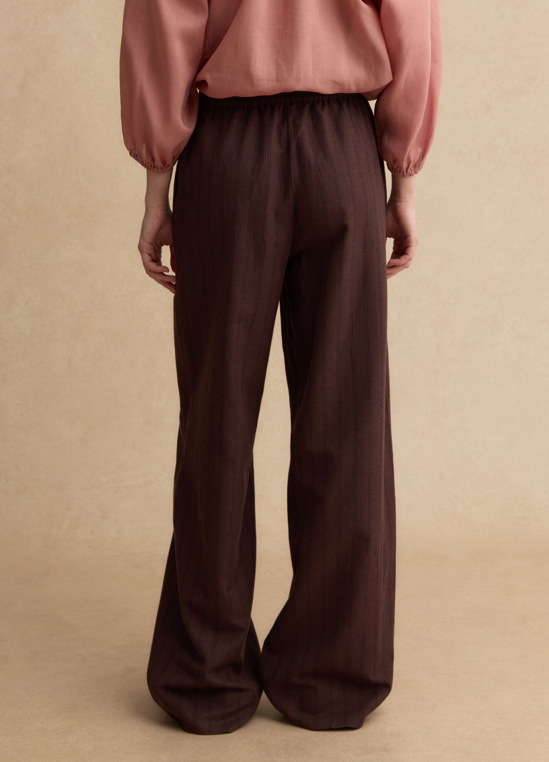 Brown wide leg striped viscose blend trousers