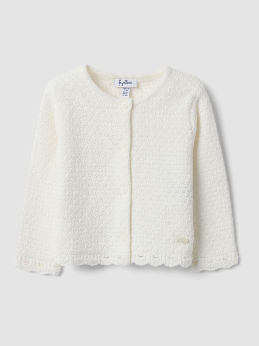 Cardigan bianco in puro cotone organico con lavorazione a maglia per neonata_0