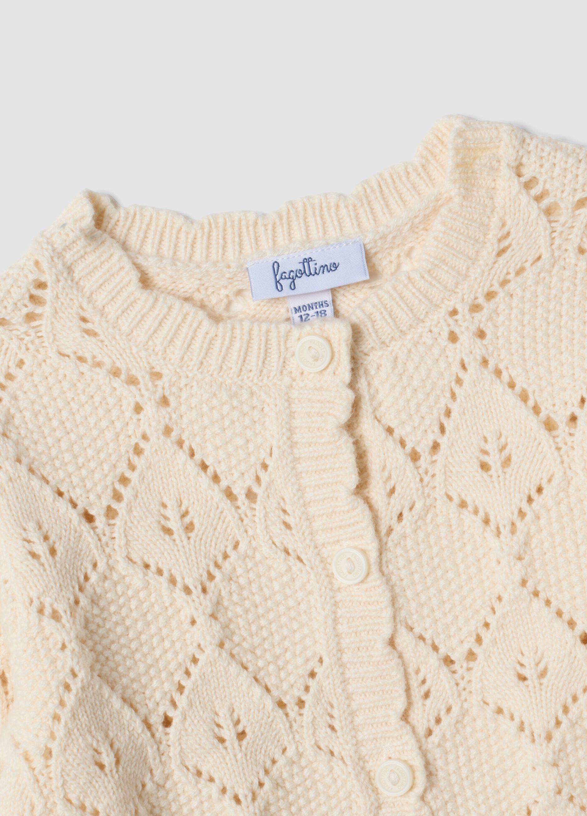 Beige openwork cotton-blend crew-neck cardigan
