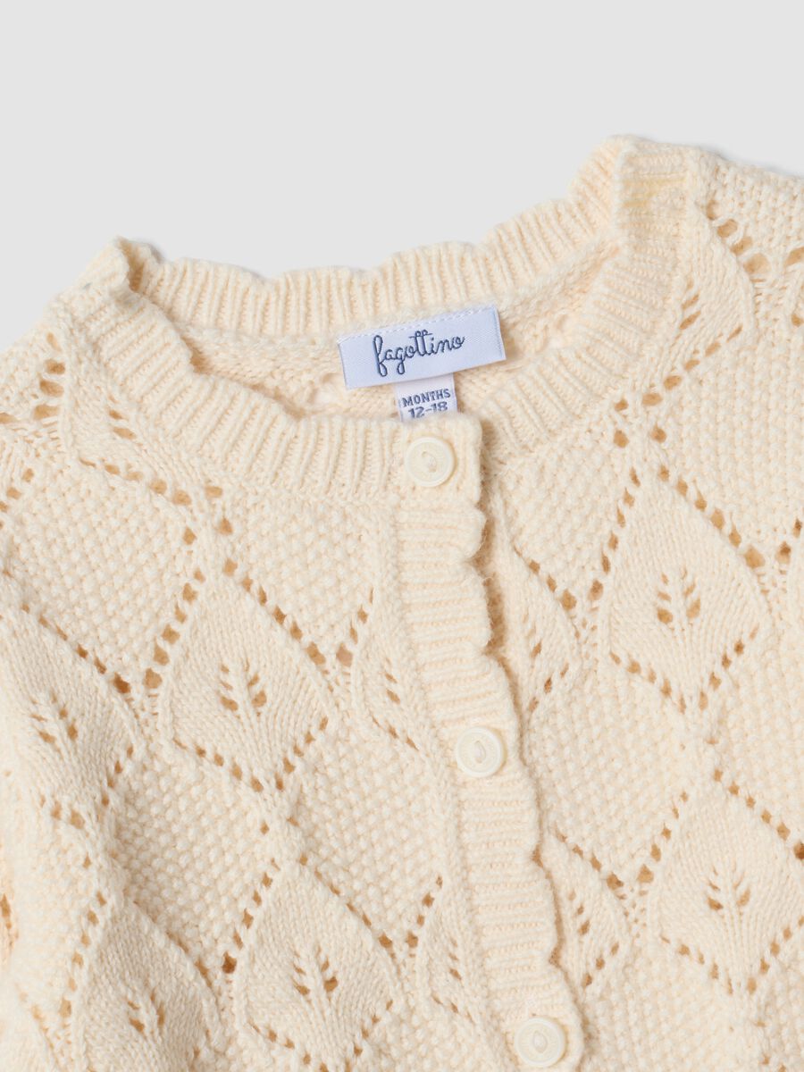 Beige openwork cotton-blend crew-neck cardigan_2