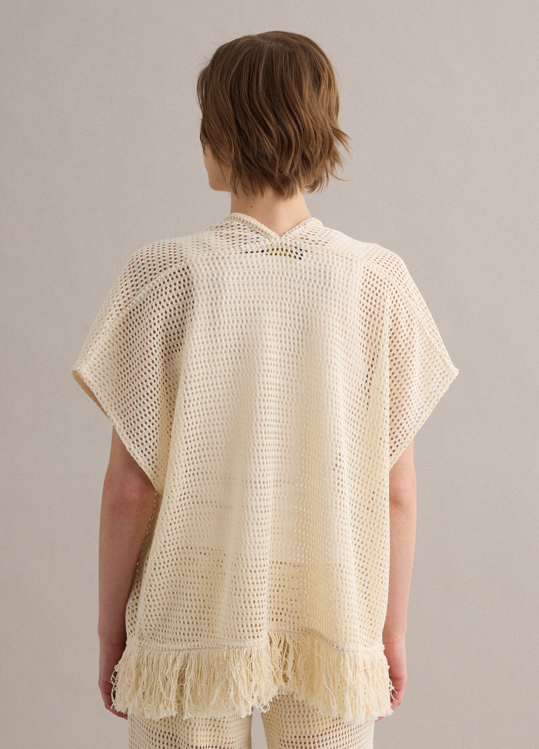 Beige crochet viscose-blend cardigan with fringes