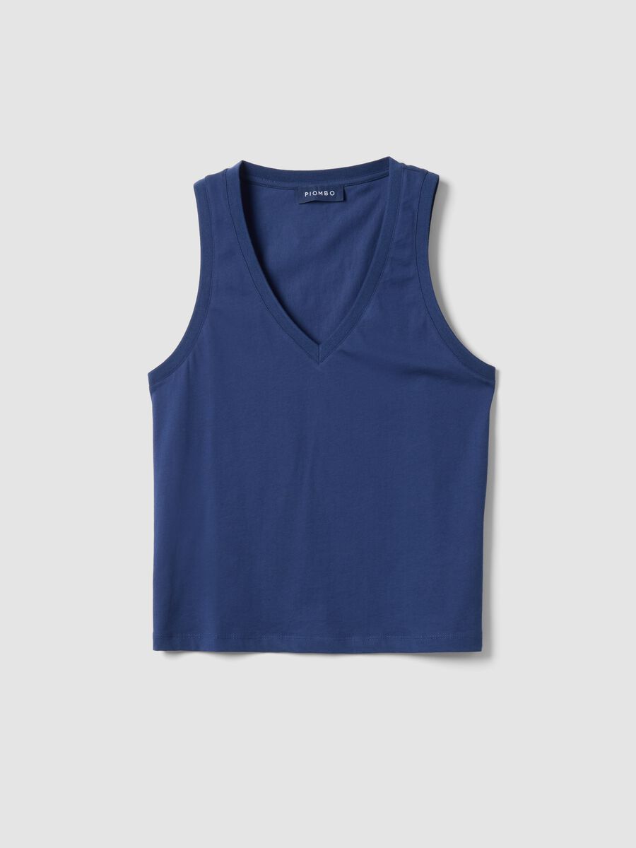 Blue cotton blend regular fit V-neck tank top_4