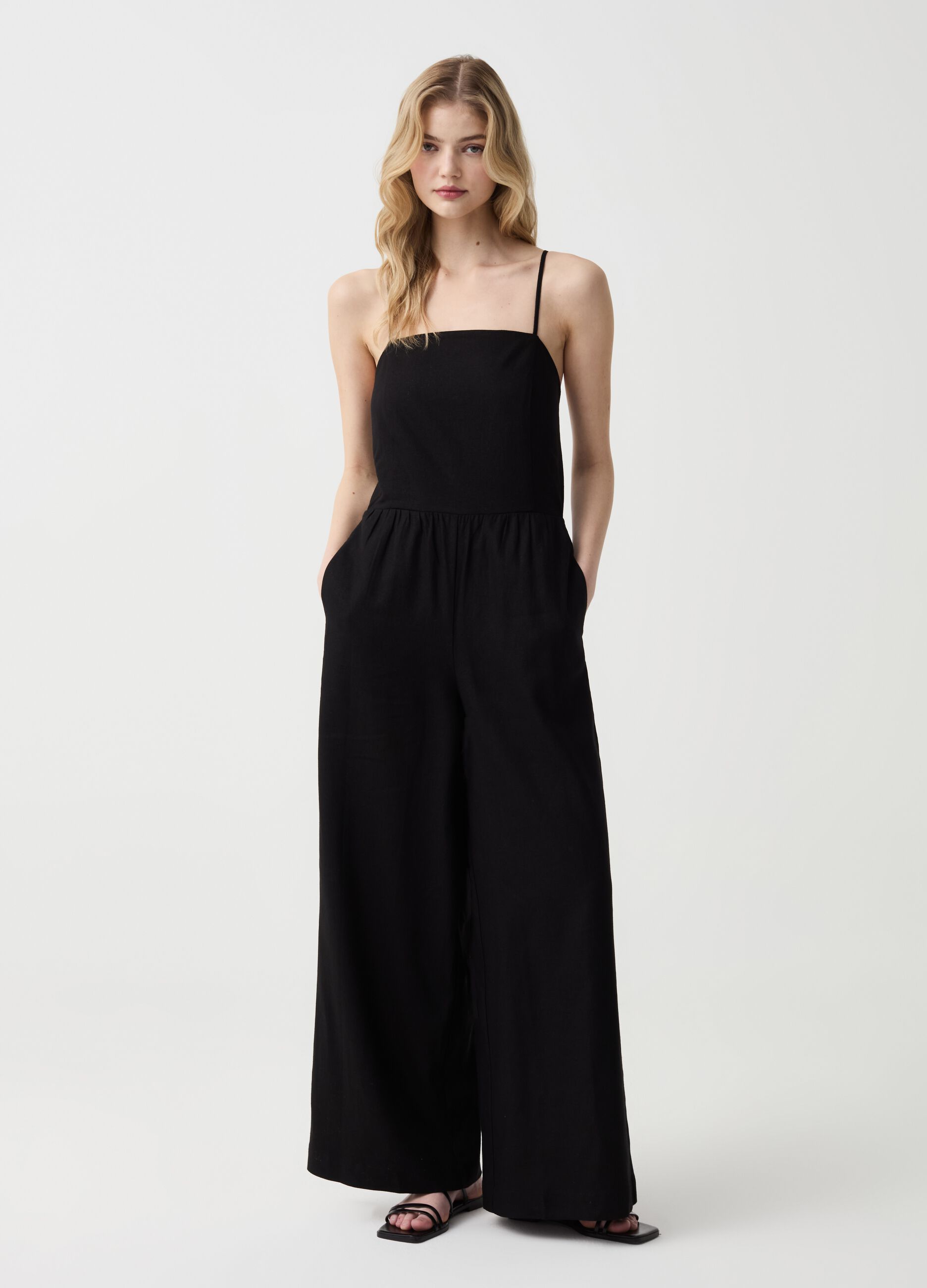 Ovs Tuta intera lunga wide leg in lino e viscosa