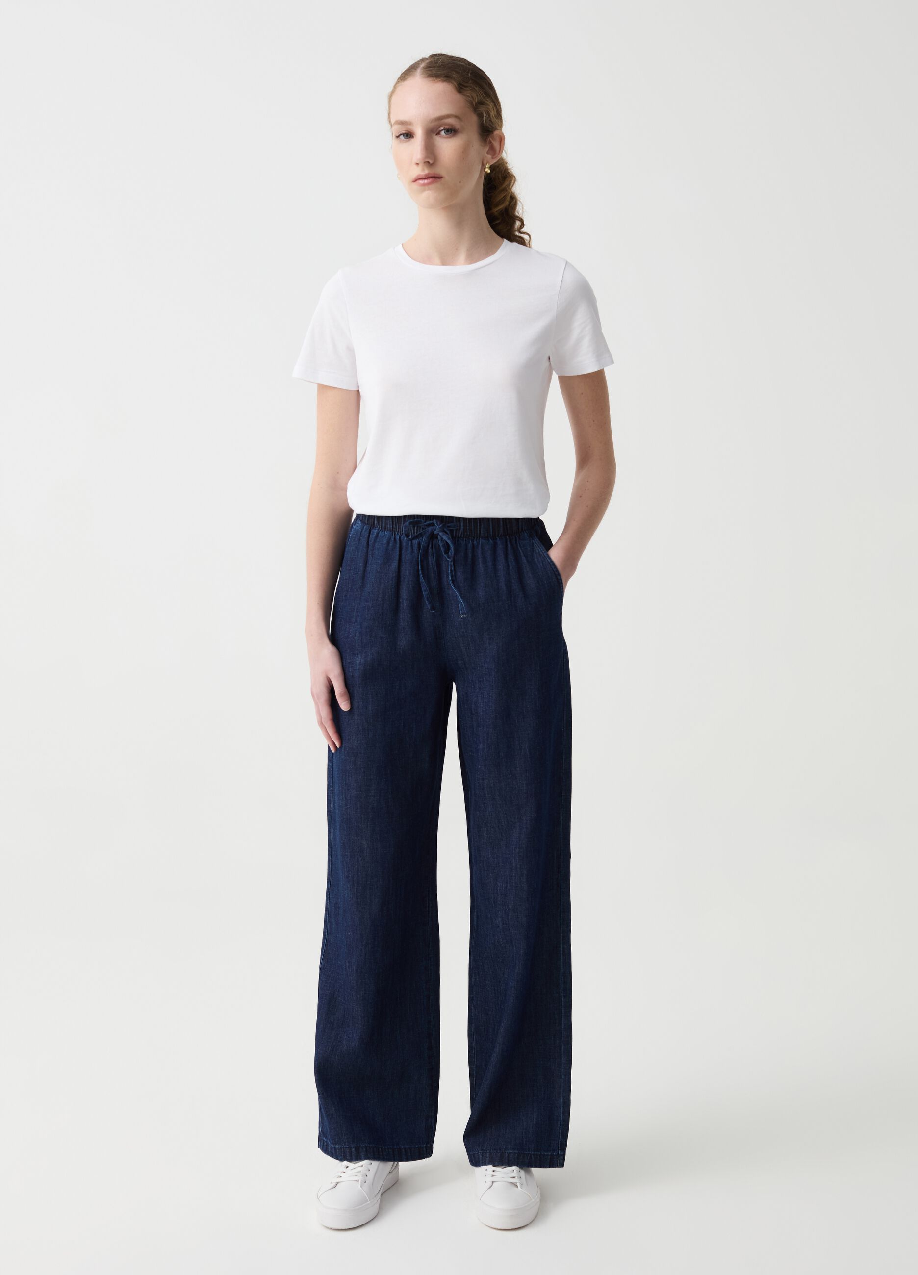 Wide-leg denim-effect joggers