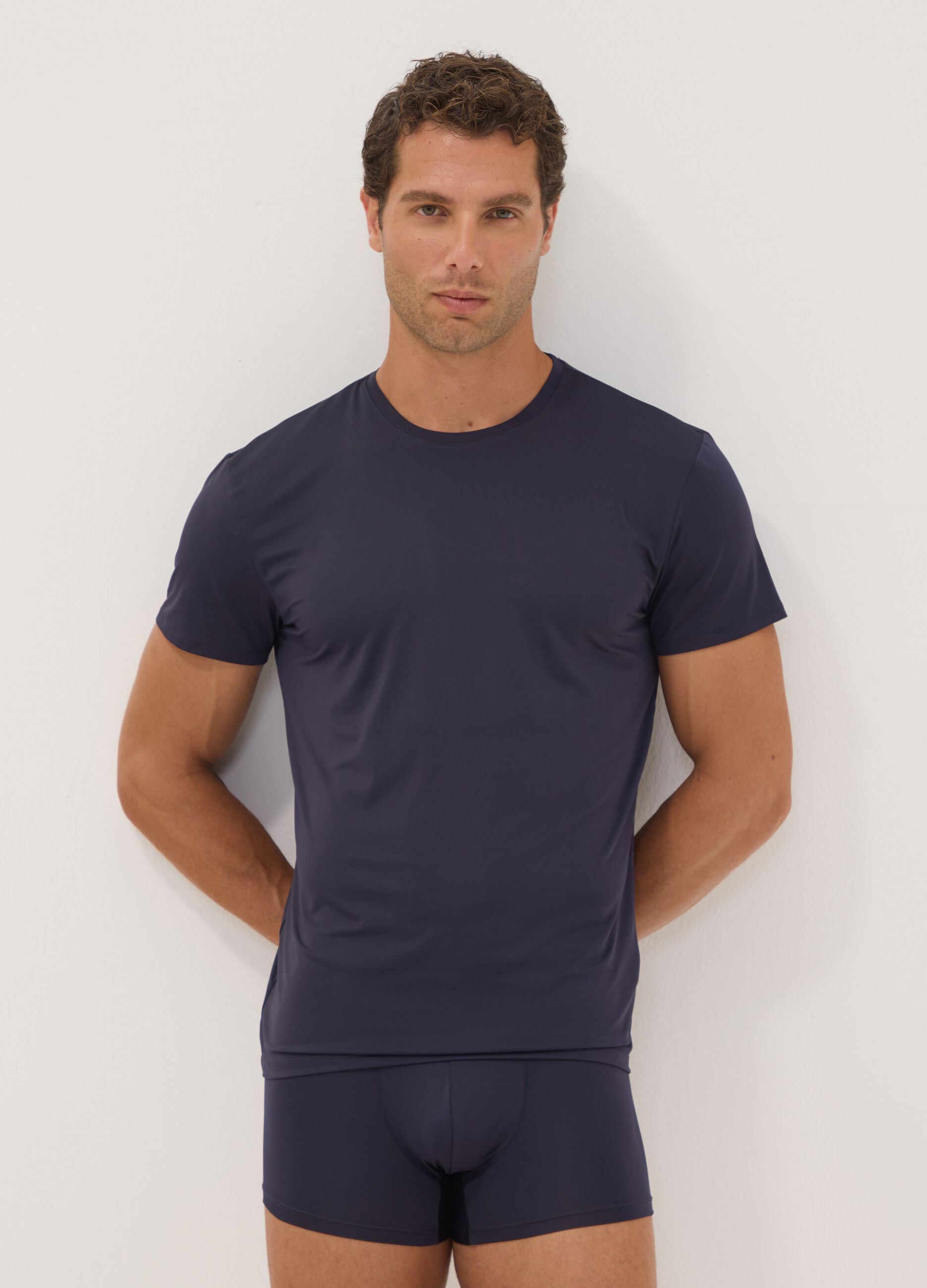 Twin pack of blue stretch microfibre T-shirts, regular fit