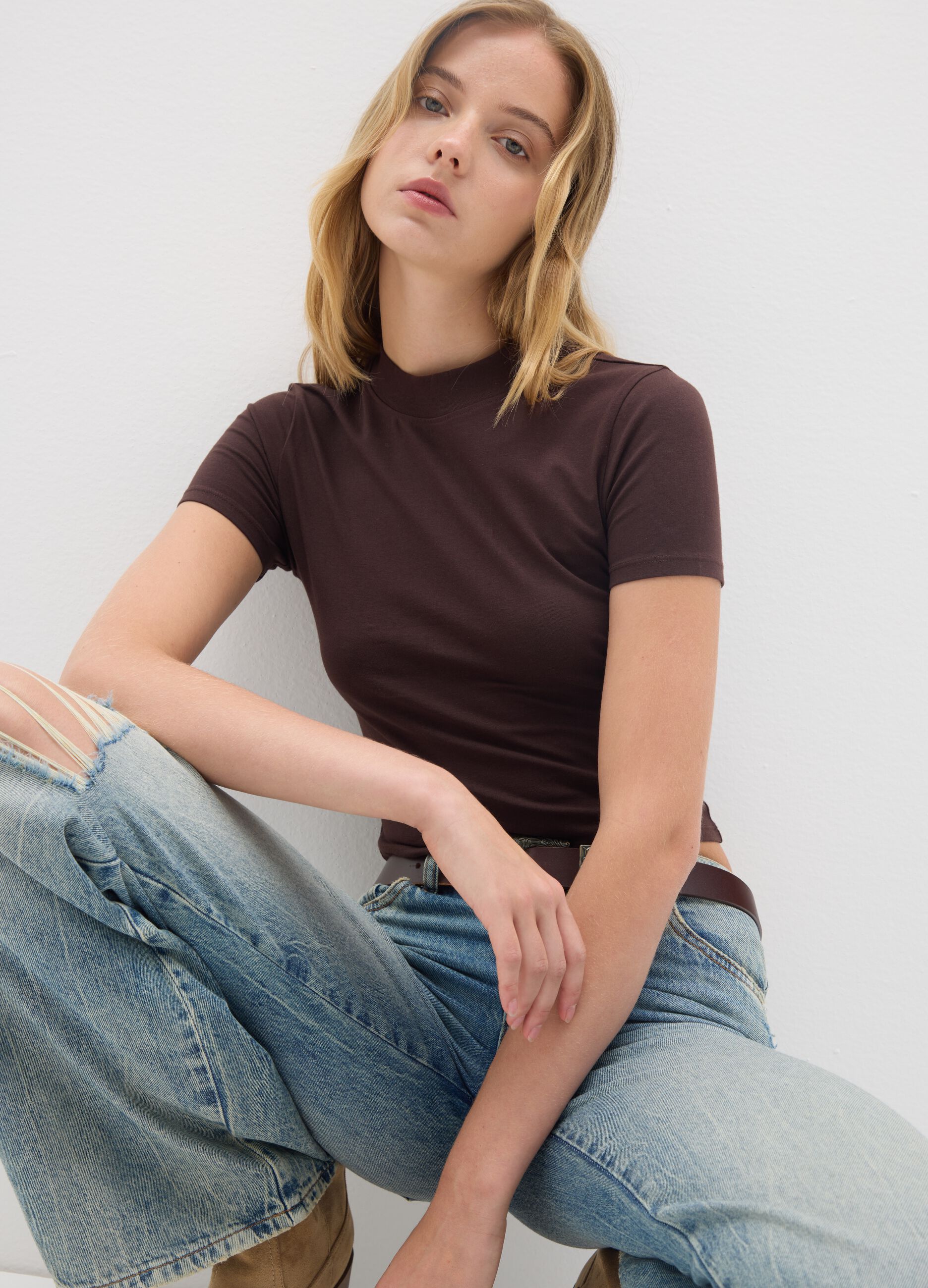 Women's Brown Stretch Cotton T-shirt