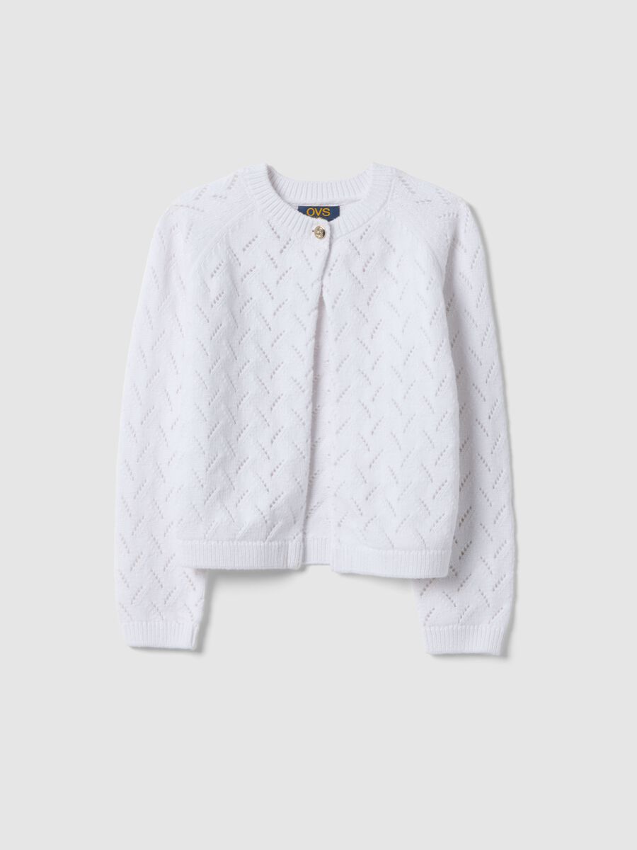 Cardigan in puro cotone bianco da bambina regular fit con bottone_0