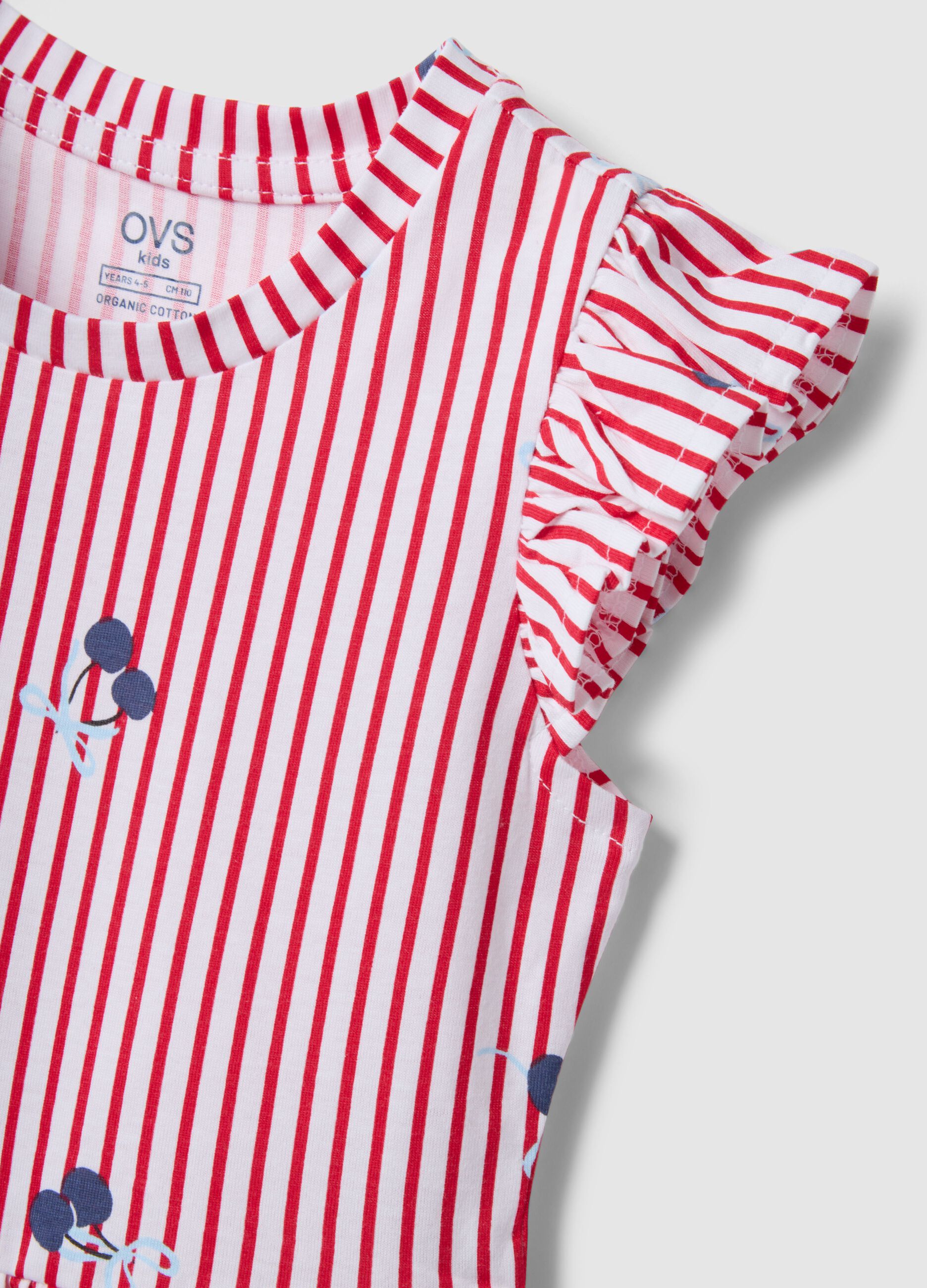 Red striped pure cotton dress with ruffles and prints for girls