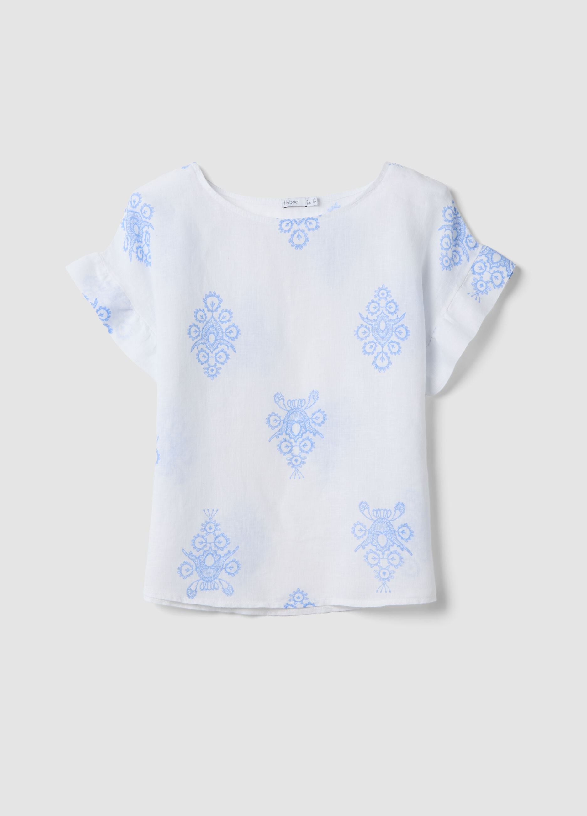 White pure linen blouse with embroidery and ruffle sleeves, regular fit
