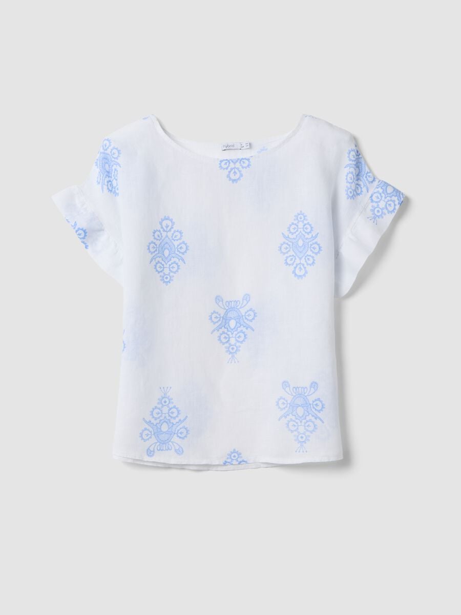 Blusa bianca in puro lino con ricami e maniche a volant regular fit_4