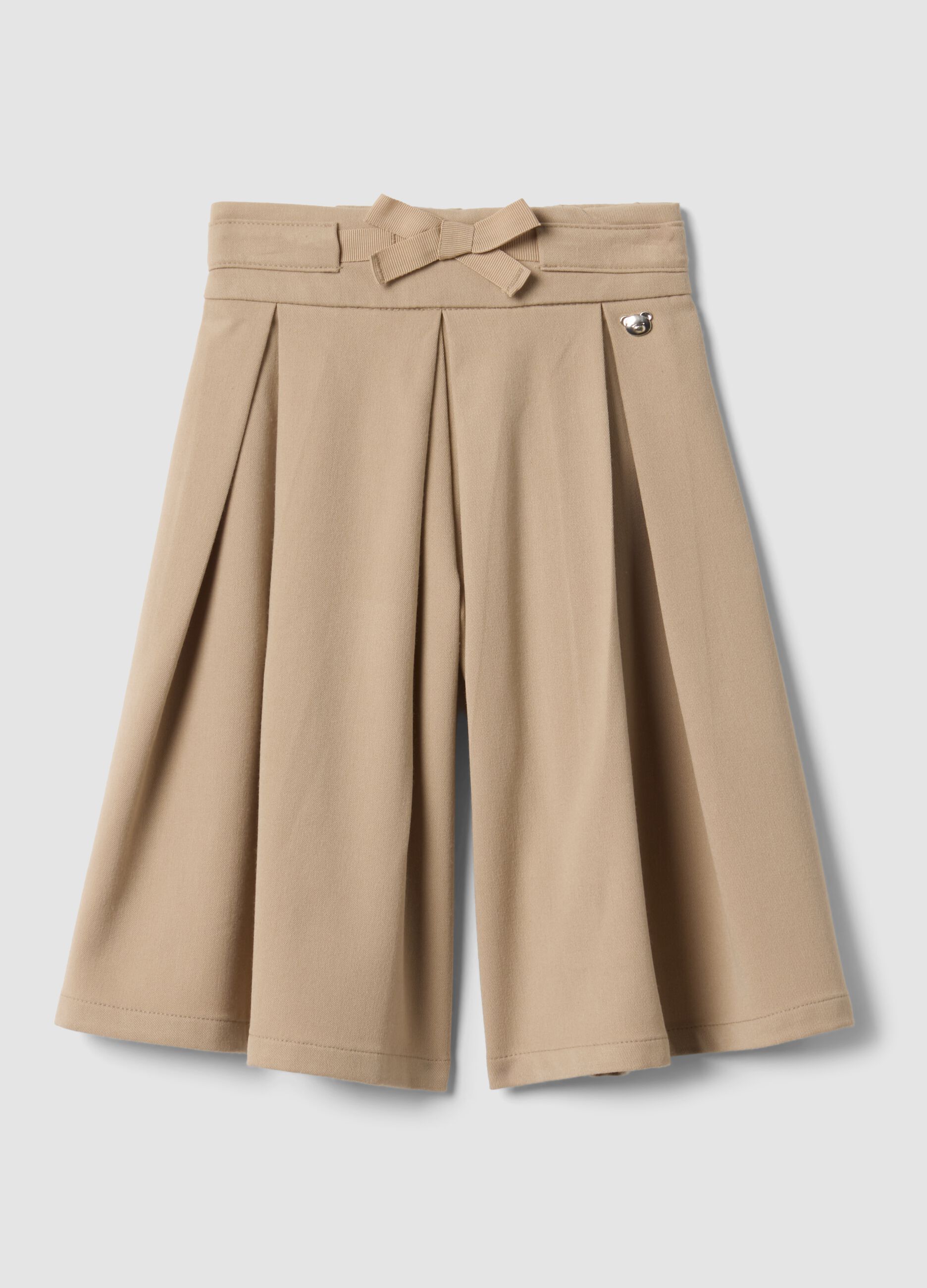 Pantaloni beige wide leg in viscosa elasticizzata con fiocco per bimba