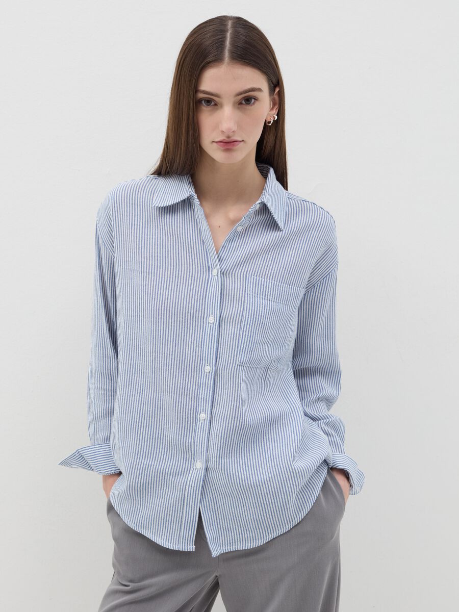 Striped blue shirt in cotton and linen_0