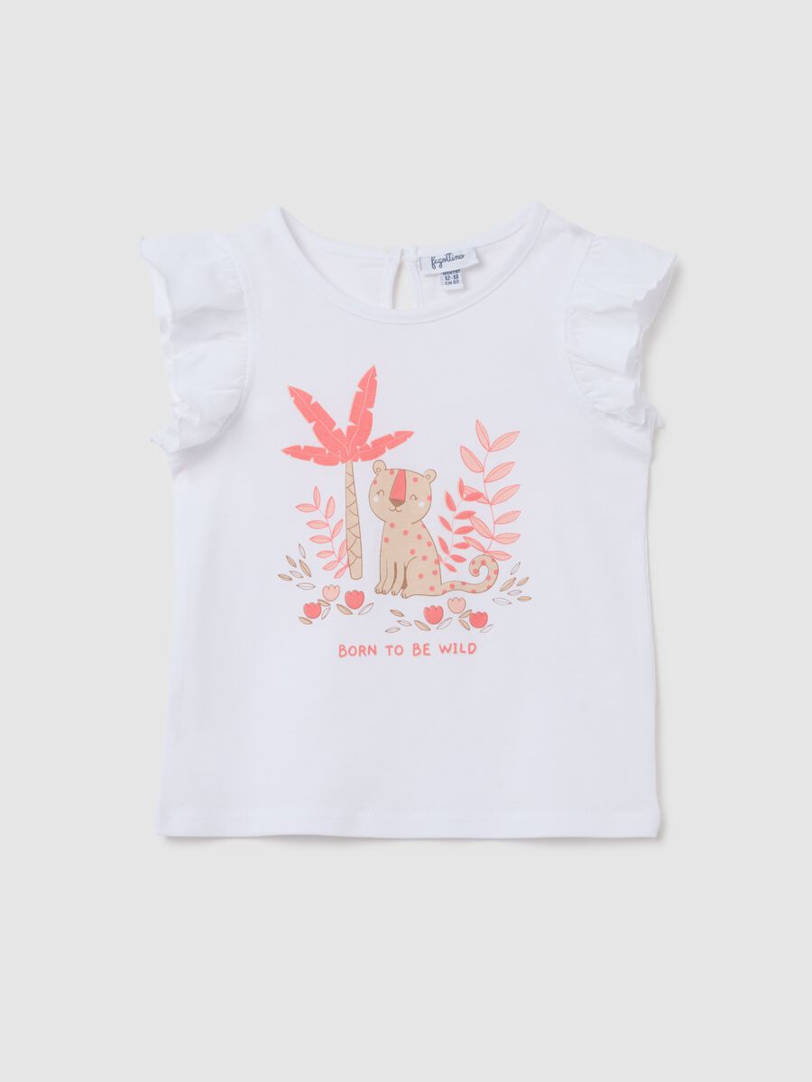 White pure cotton girl's top, regular fit with ruffle sleeves and print_0