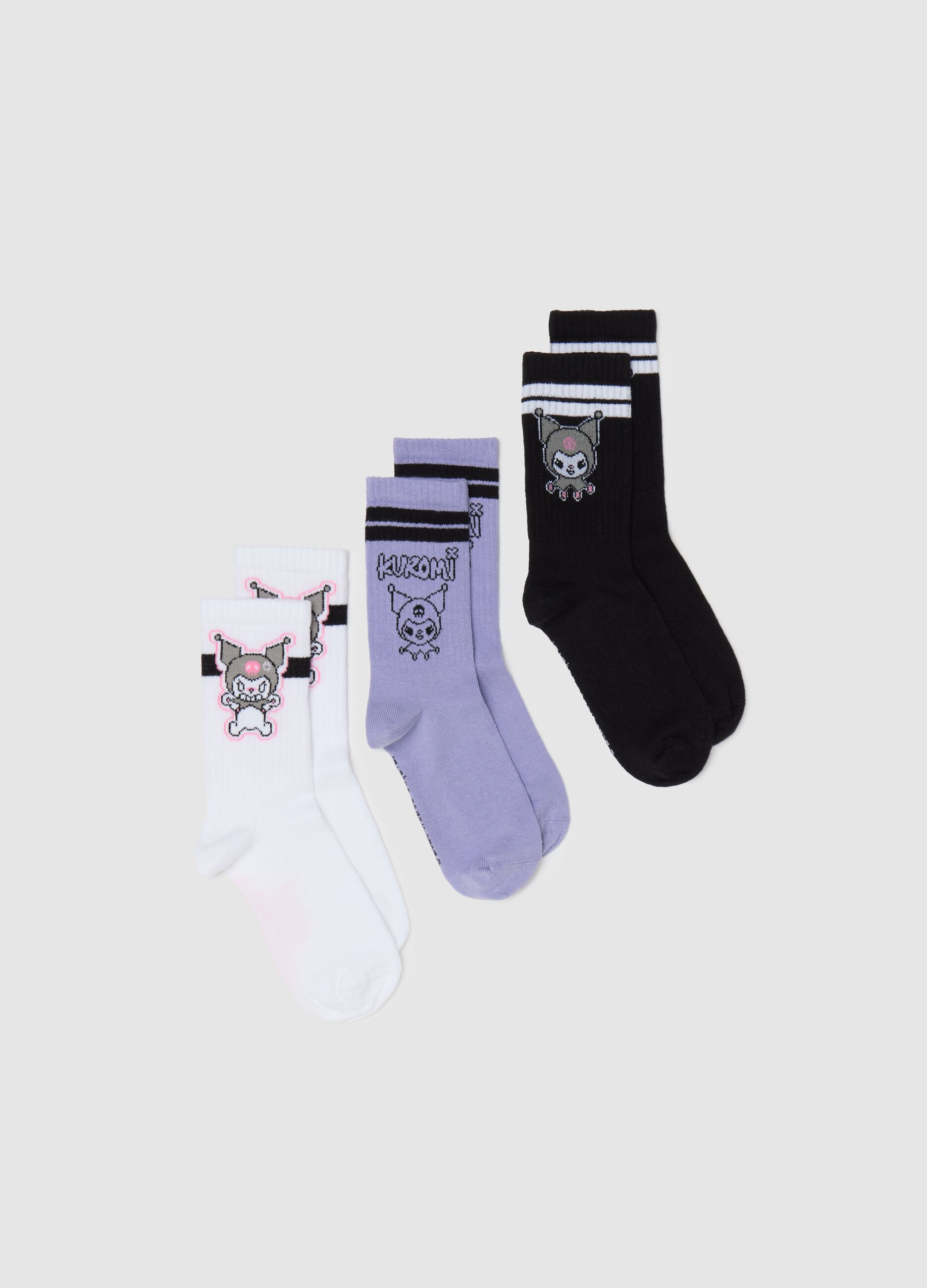 Three-pair pack black and purple socks with Hello Kitty Kuromi design