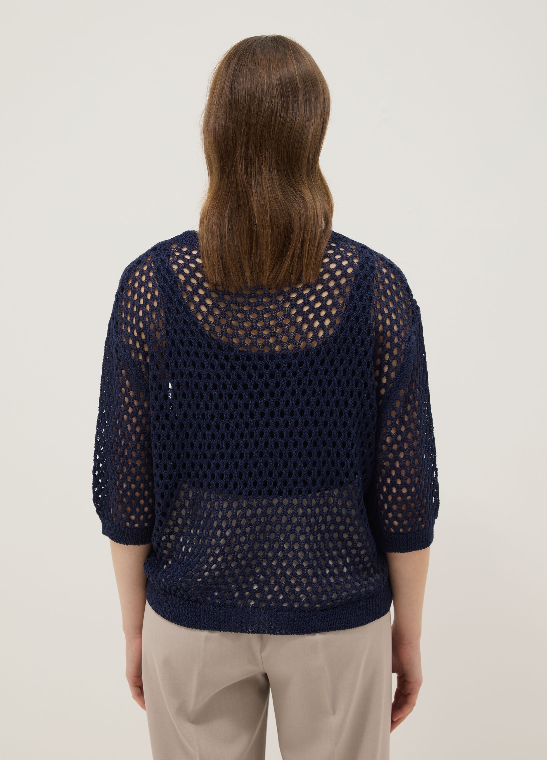 Blue open-knit three-quarter sleeve top