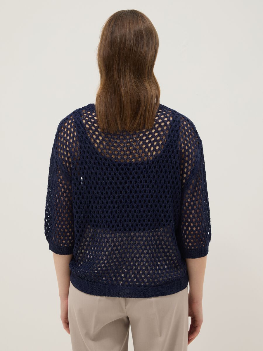 Blue open-knit three-quarter sleeve top_3