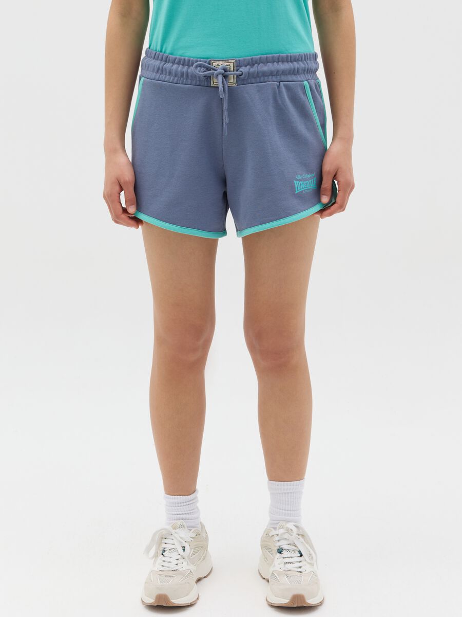 Blue fleece shorts with drawstring and logo print_1