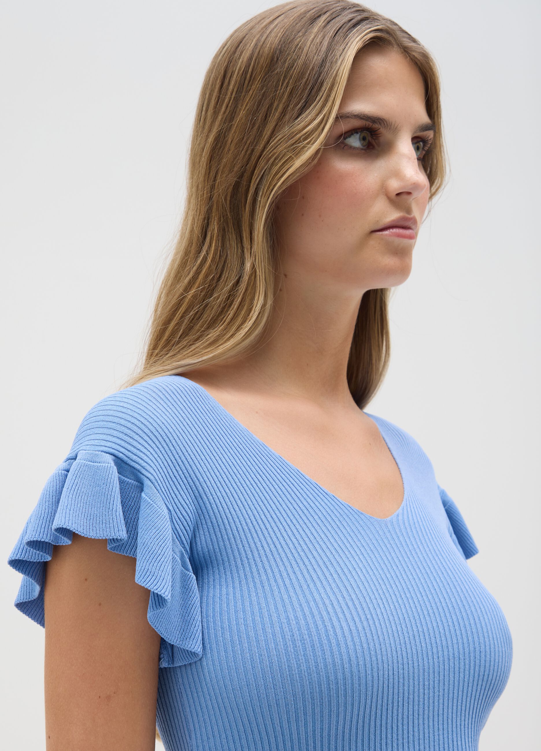 Women's blue viscose regular fit t-shirt with ruffles