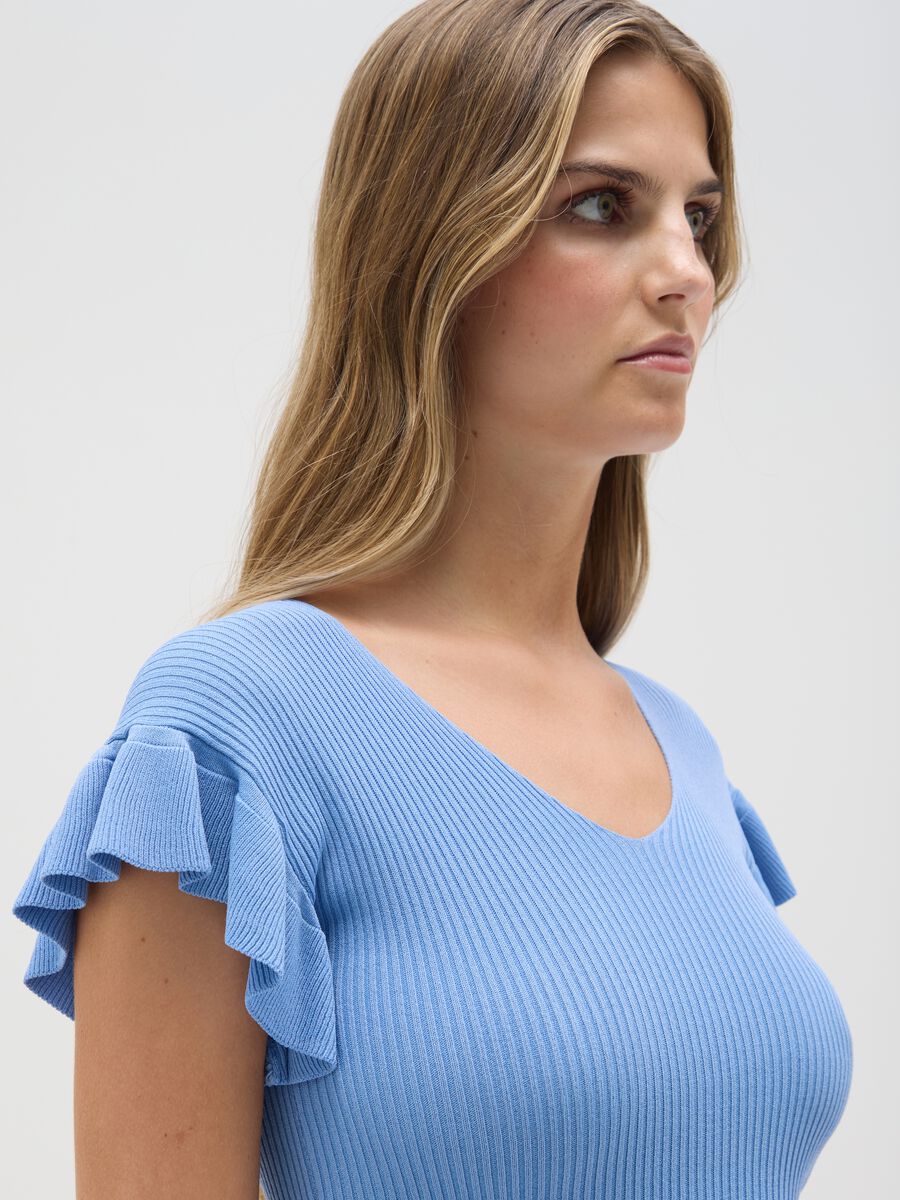 Women's blue viscose regular fit t-shirt with ruffles_3