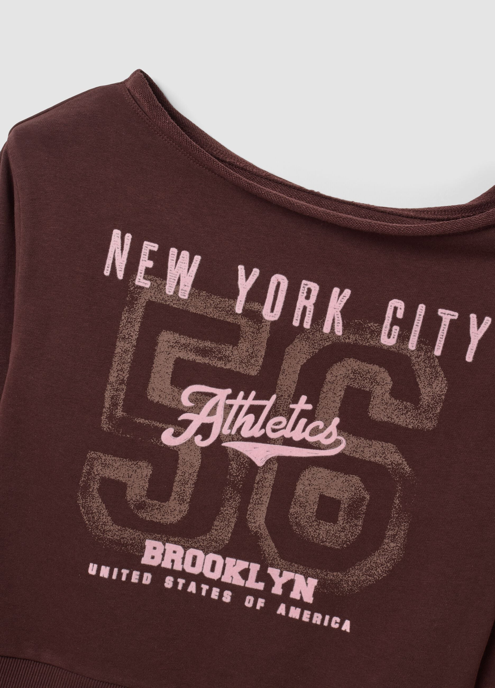 Brown cotton-blend sweatshirt with wide neckline, regular fit