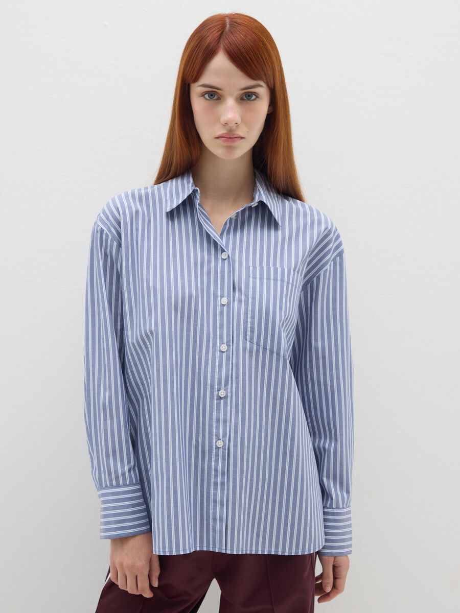 Camicia azzurra a righe in puro cotone vestibilità over_0