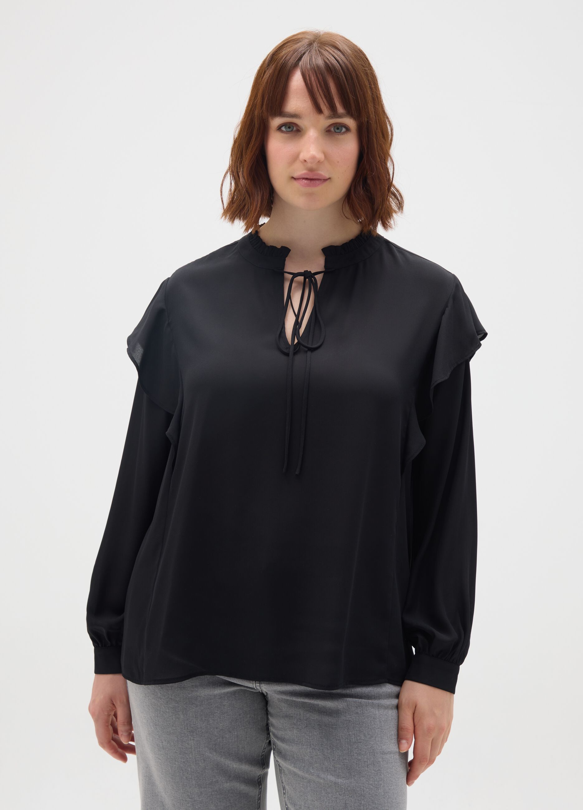 Black regular fit blouse with ruffles