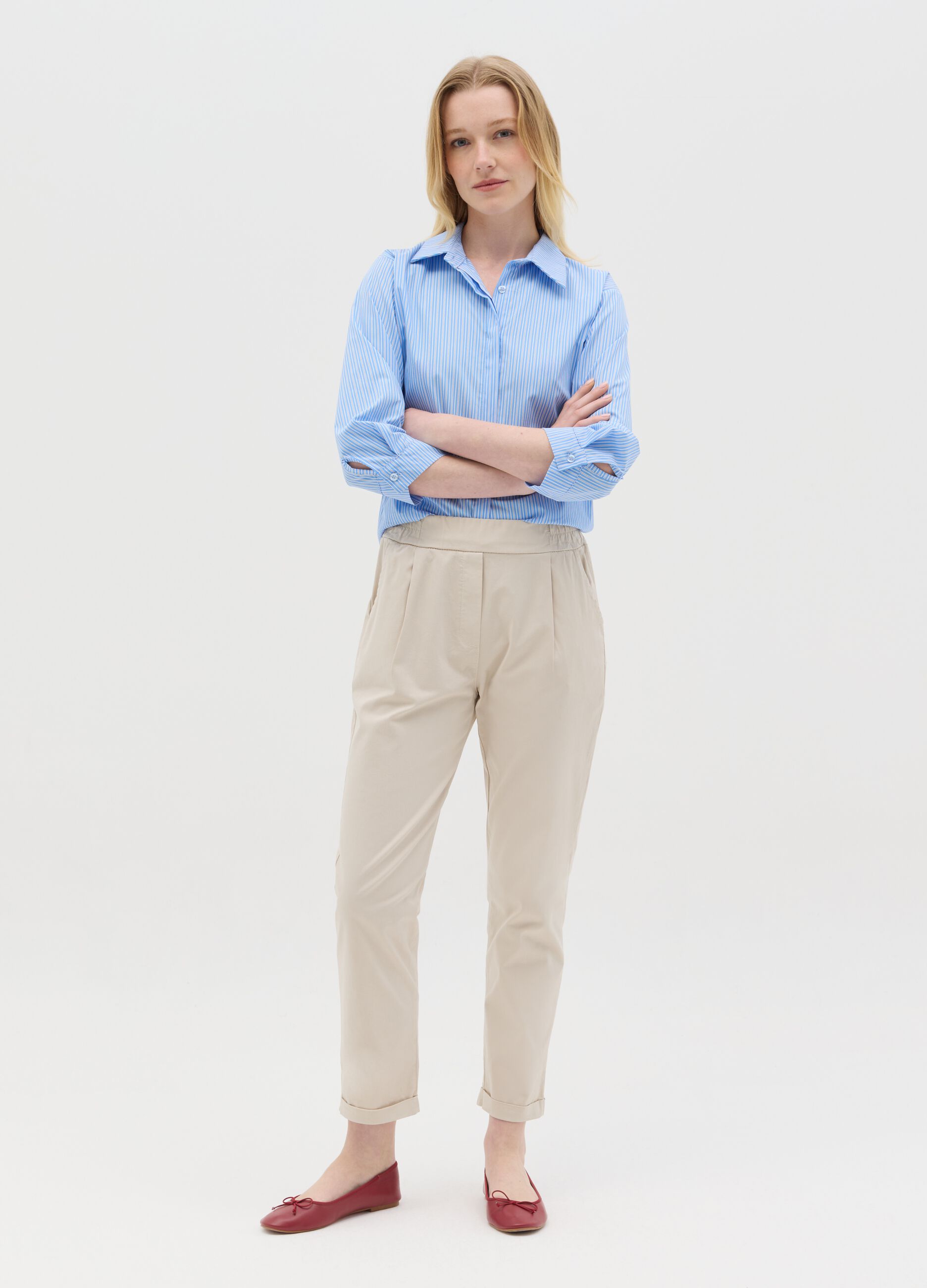 Beige cropped trousers in stretch cotton