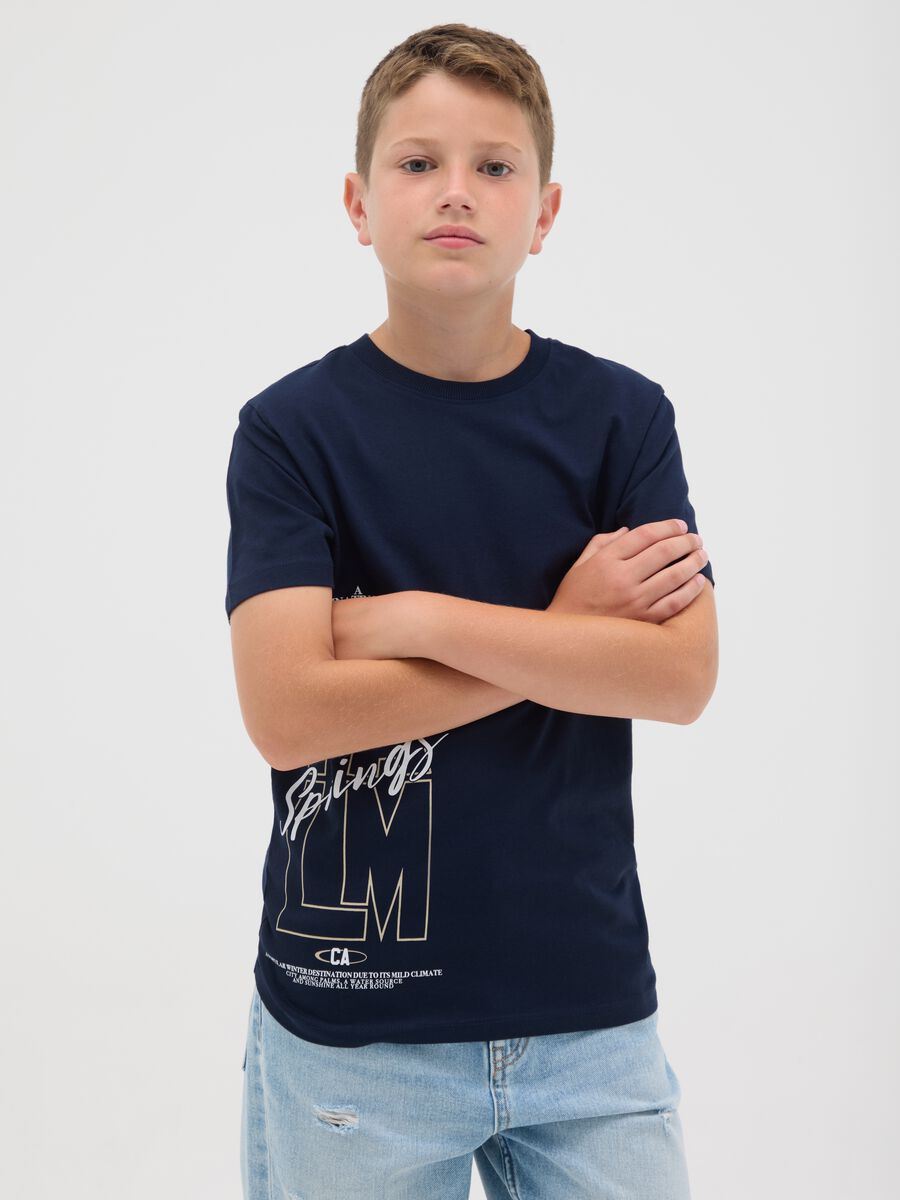 T-shirt da ragazzo in puro cotone blu notte regular fit con stampa_0
