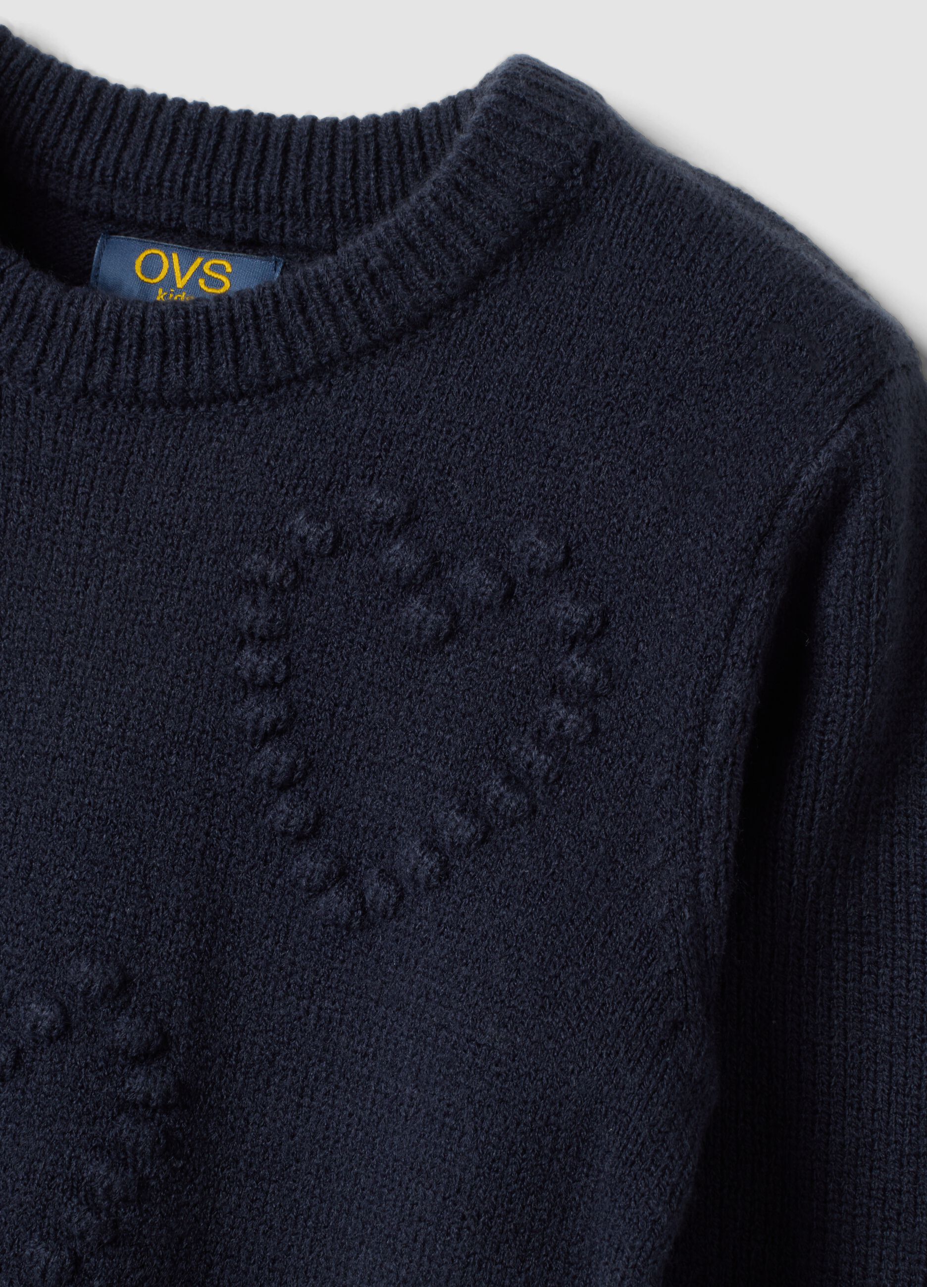 Blue crew-neck jumper with raised heart motif, regular fit, for girls
