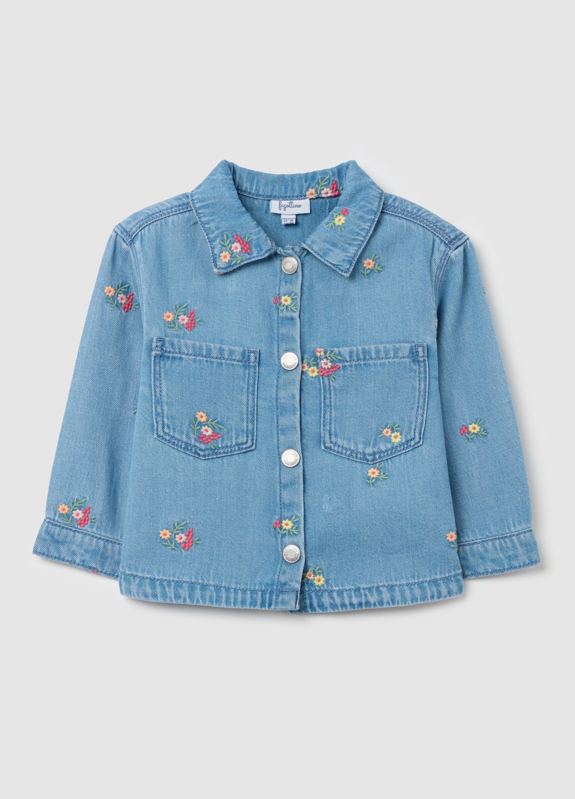 Lyocell and cotton shacket with flowers embroidery