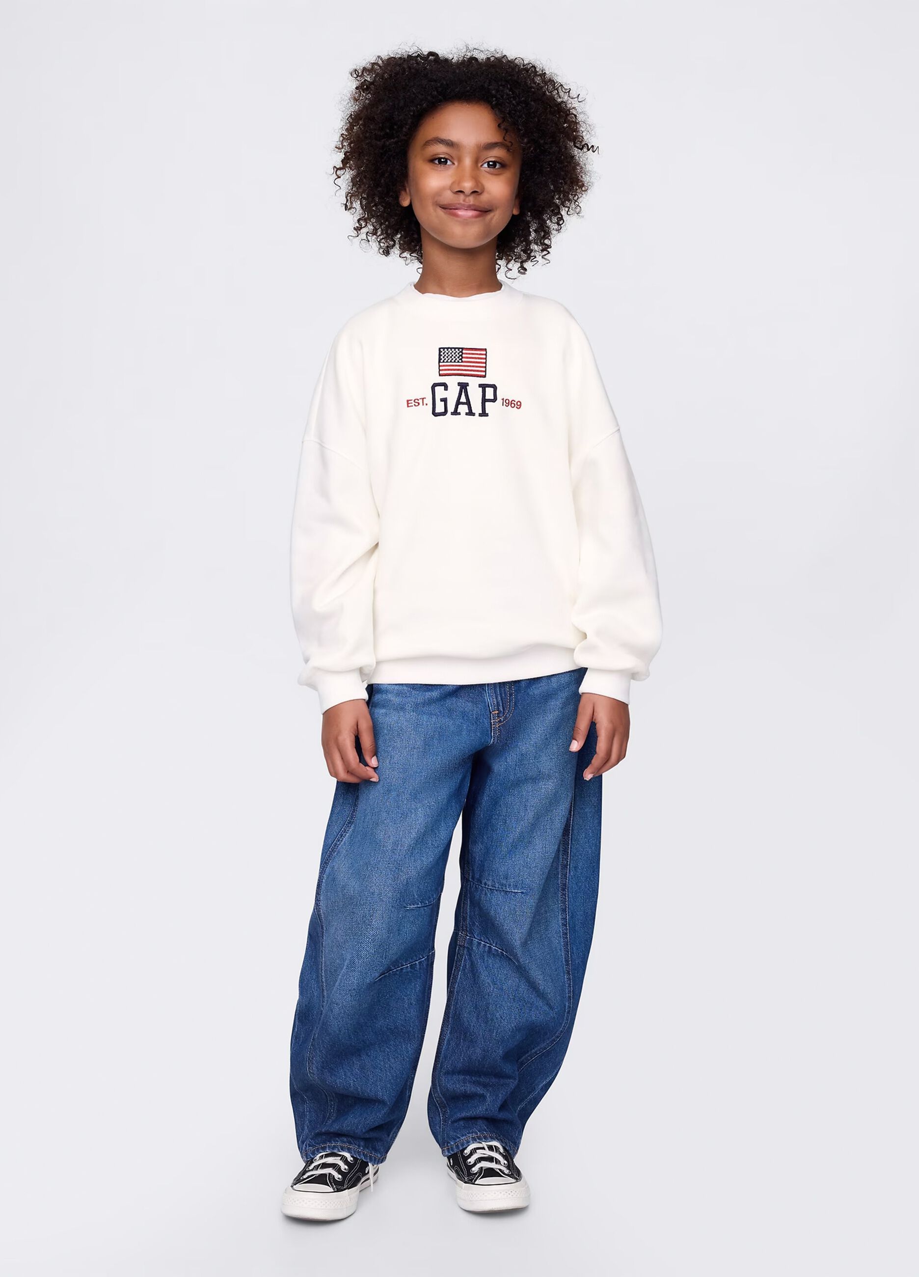 White sweatshirt with logo and flag print