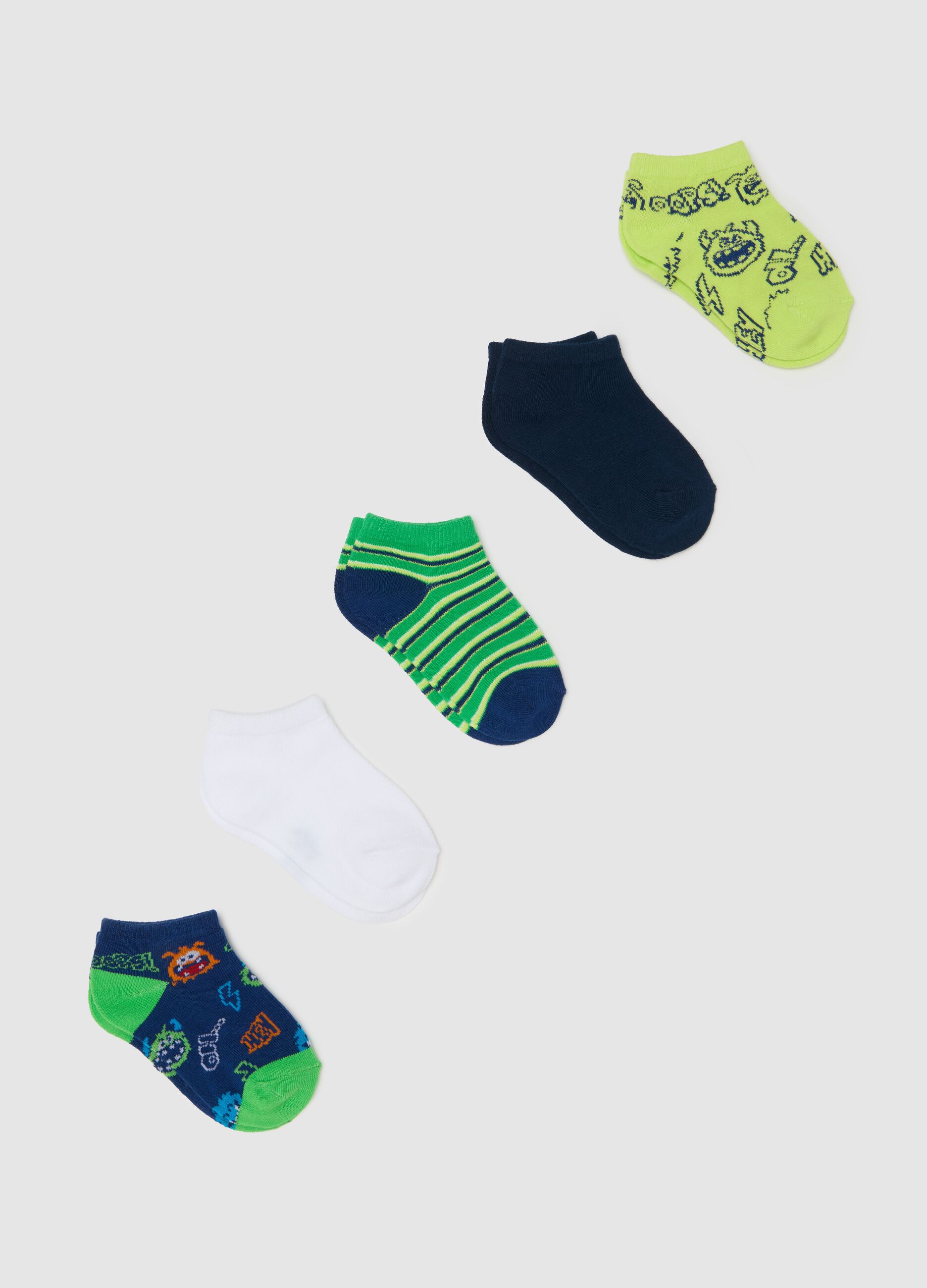 Five-pair pack shoe liners with monsters and stripes