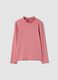 Pink stretch organic cotton T-shirt with raised neck_0