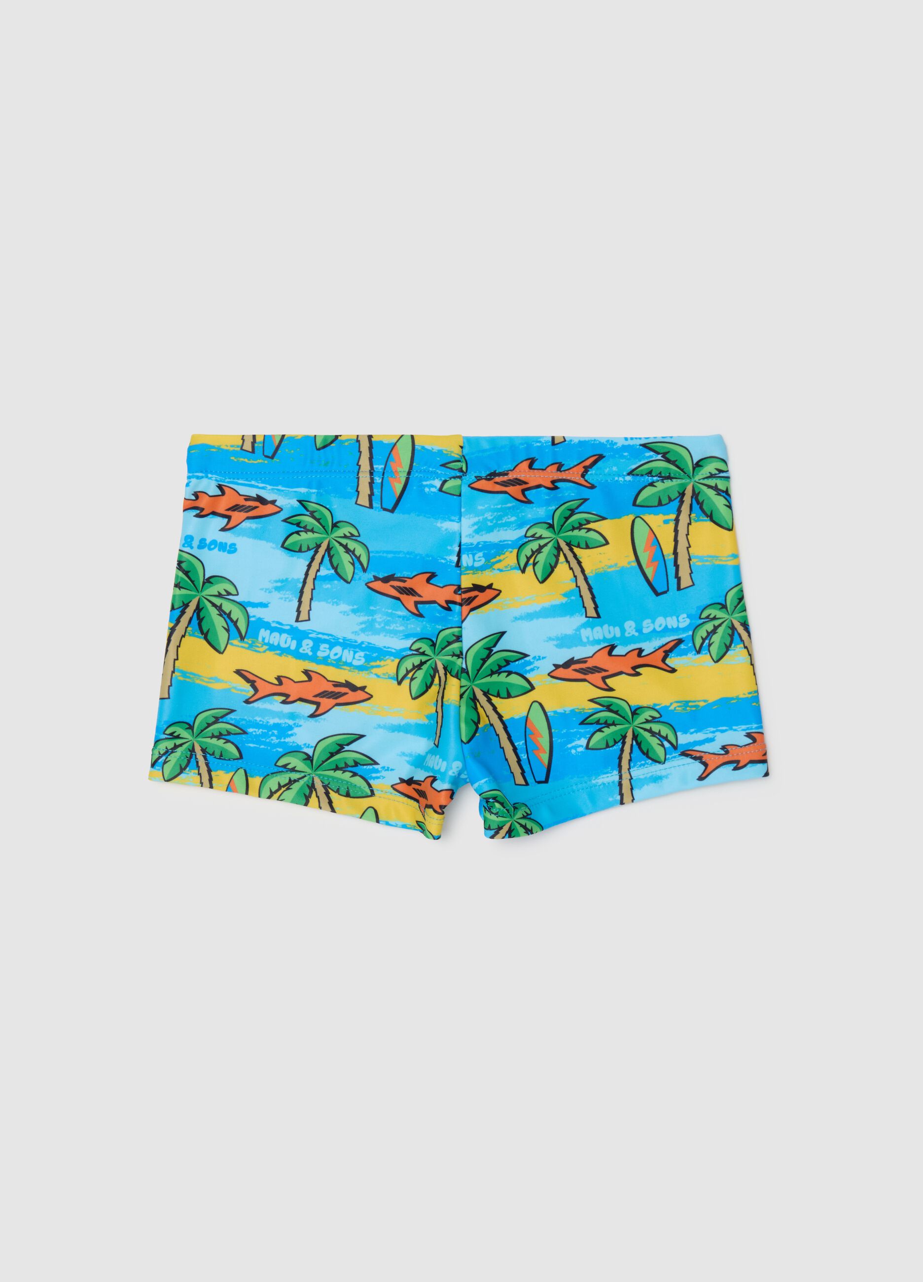 Costume da bagno da bambino in tessuto elasticizzato multicolor con stampa tropicale