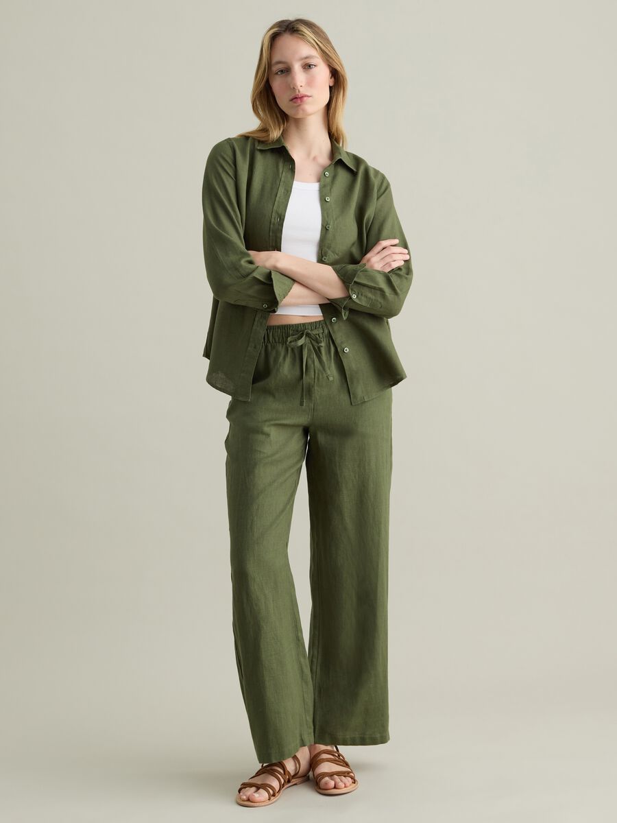 Green wide-leg fluid trousers in linen_0