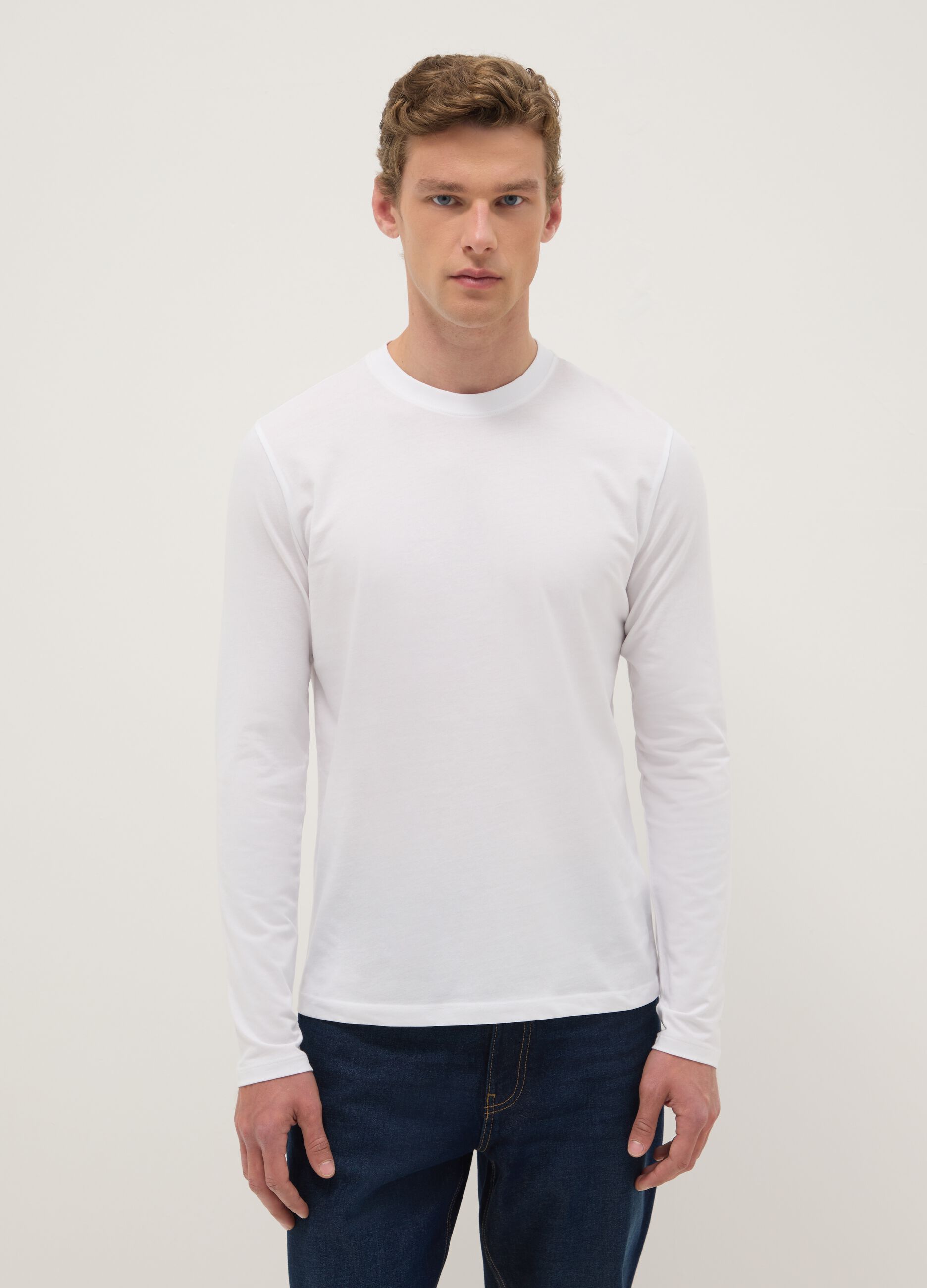 White long sleeve T-shirt in stretchy cotton regular fit