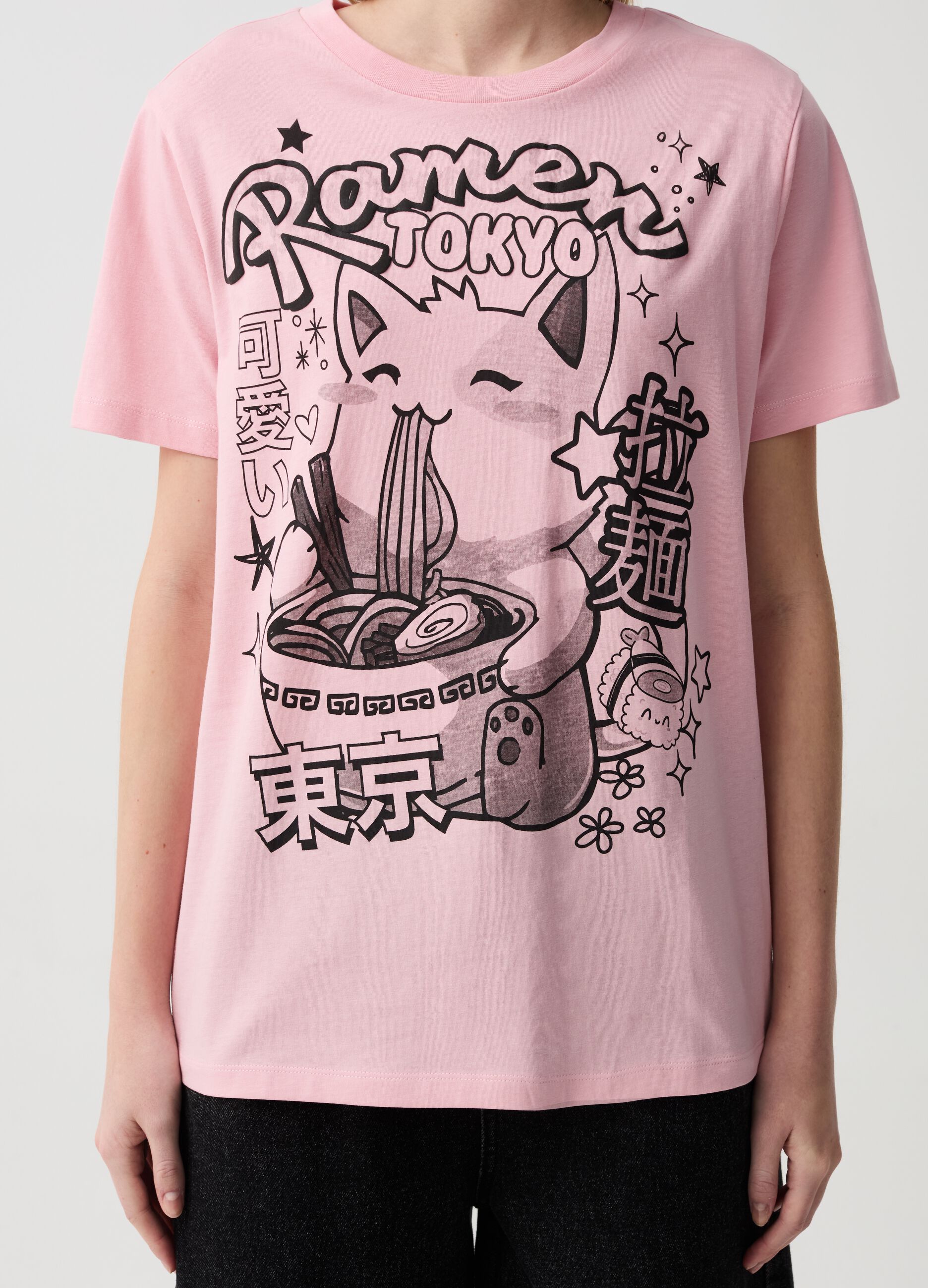 T-shirt stampa gattino giapponese e ramen