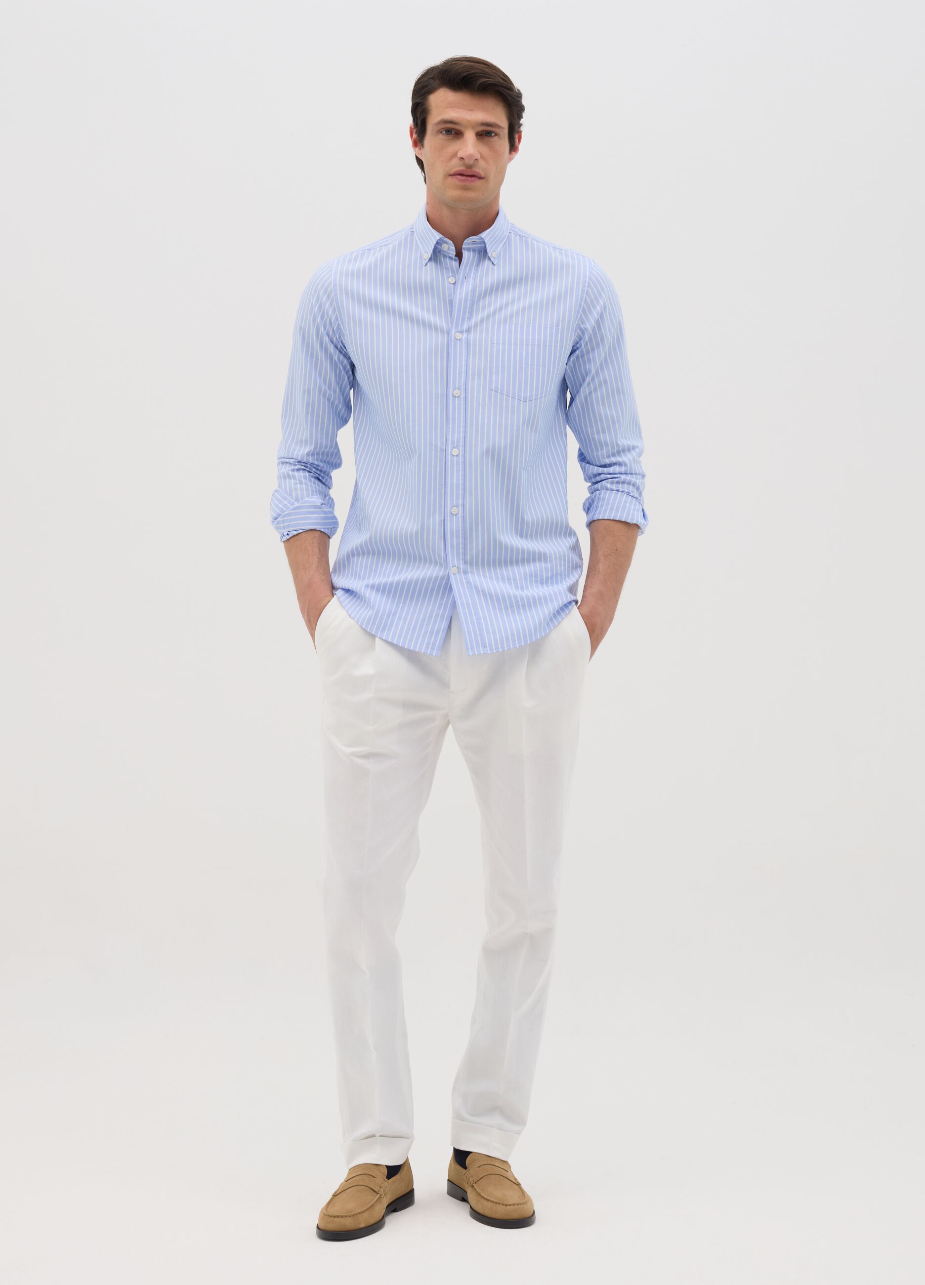 Pantaloni da uomo in cotone e lino bianco regular fit