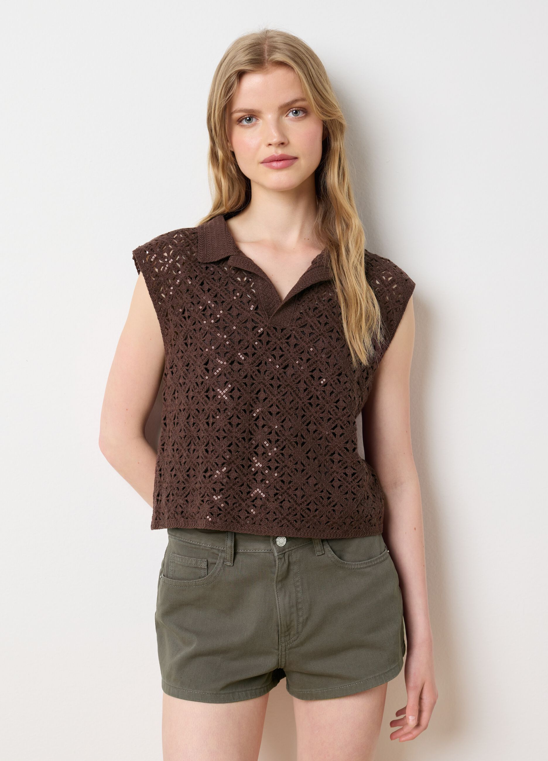 Brown cotton blend fitted women's top with sequins