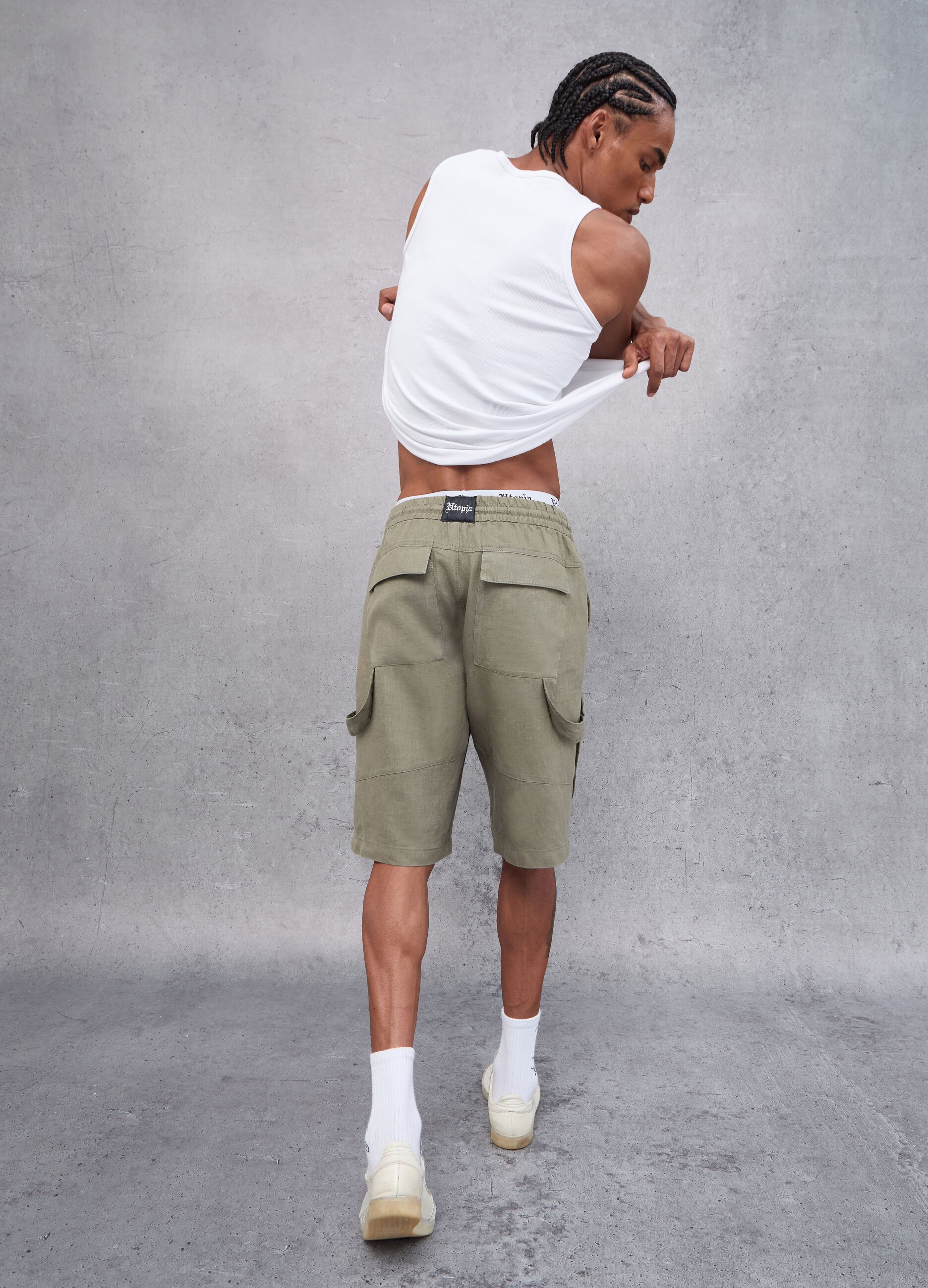 100% Linen Cargo Shorts Military Green