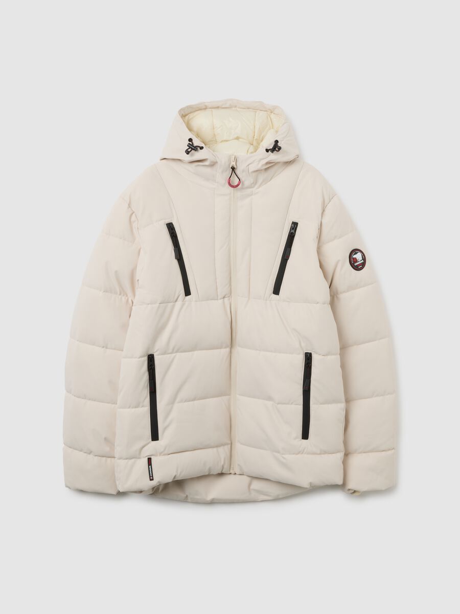Beige Padded Jacket with Hood and Zip_0