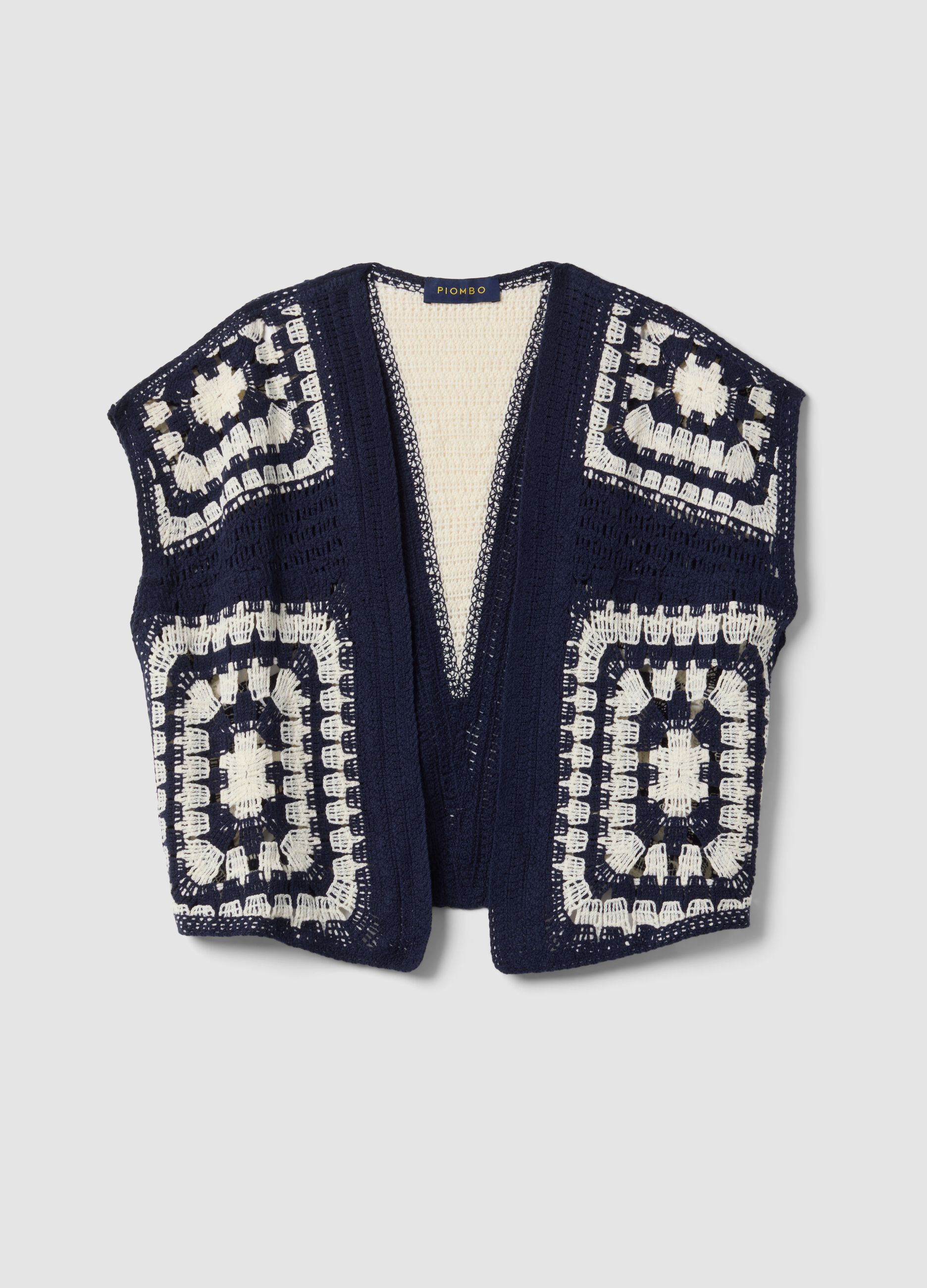 Blue and white regular-fit crochet cotton-blend gilet